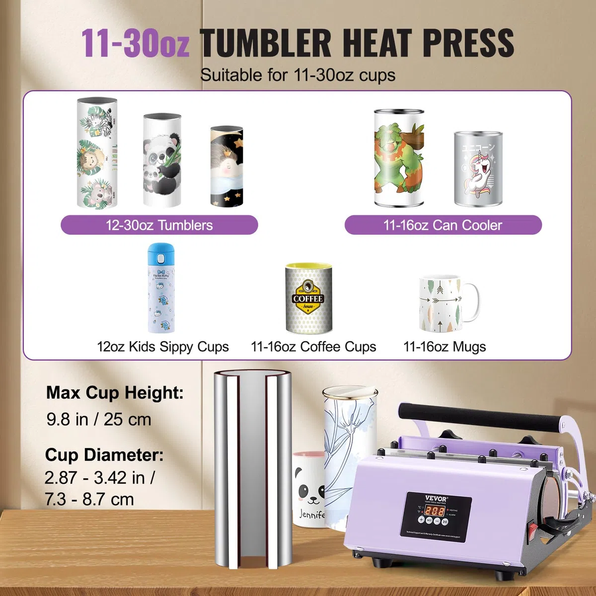 VEVOR Prensa Térmica para Vasos de 325-887 ML con Papel de Sublimación, Cinta y Guantes, Ajuste de Temperatura y Tiempo para Vasos, Tazas y Jarras de Sublimación, Morado