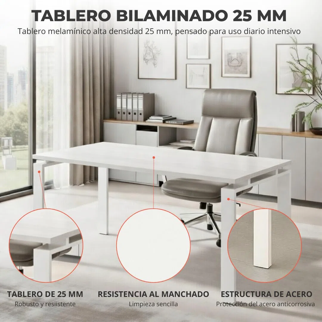 Mesa Oficina Profesional | Escritorio Madera con Tablero de Melamina 25 mm para Despacho, Teletrabajo, Ordenador o Estudio | Mesa Ordenador Escritorio Grande (Blanco, 140X80)