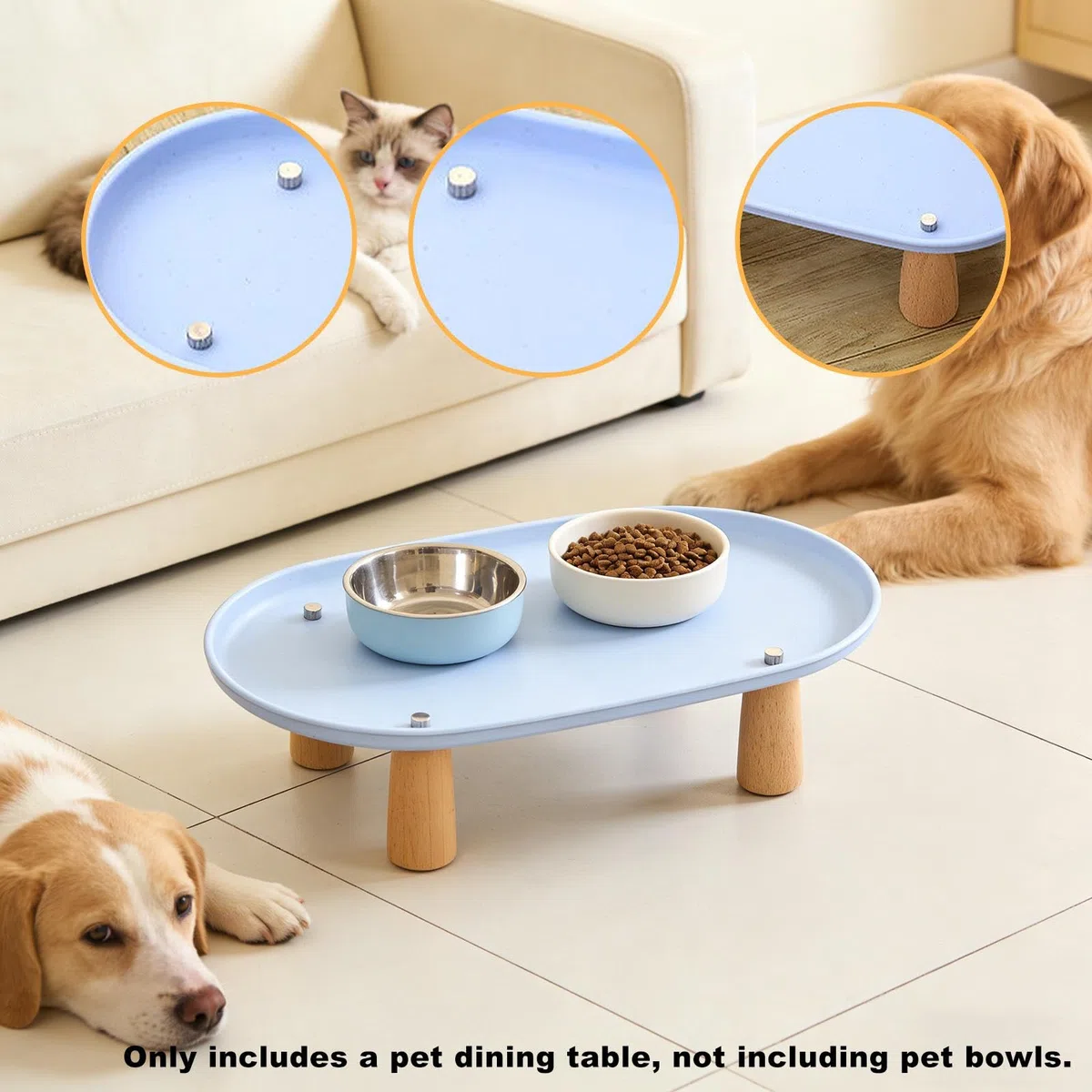 Soporte Elevado para Gatos Comedero Recipiente de Comida Y Agua Soporte Antideslizante Fabricado en Madera Y PP para Alimentación Saludable Adecuado P, Azul 38cmx21cm, Individual