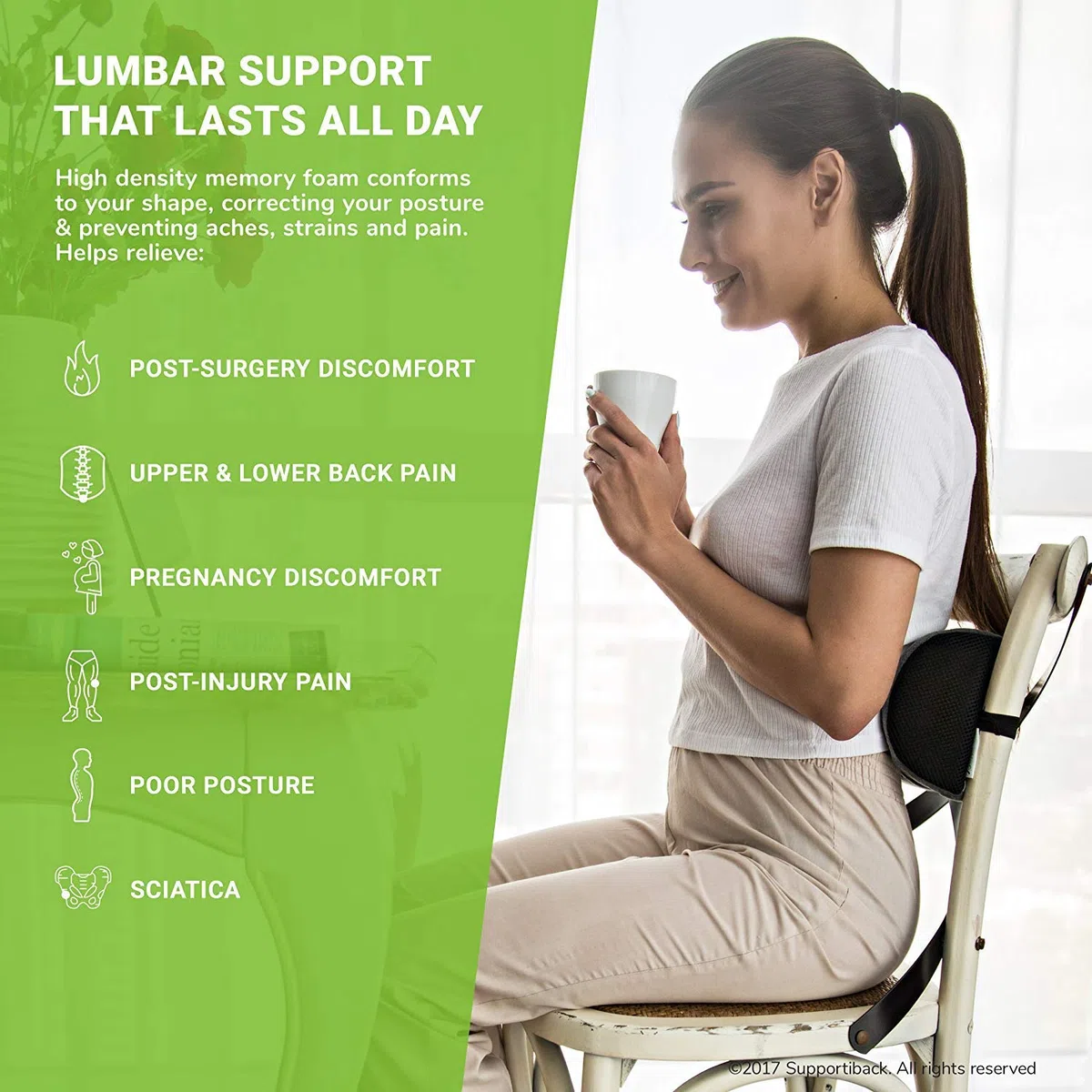Supportiback Cojín Lumbar en D para Terapia de Postura con Espuma de Memoria, cojín ergonómico para casa, Oficina, Coche, Viajes, Descansa y previene Dolor de Espalda Superior e Inferior, Gris (SB)