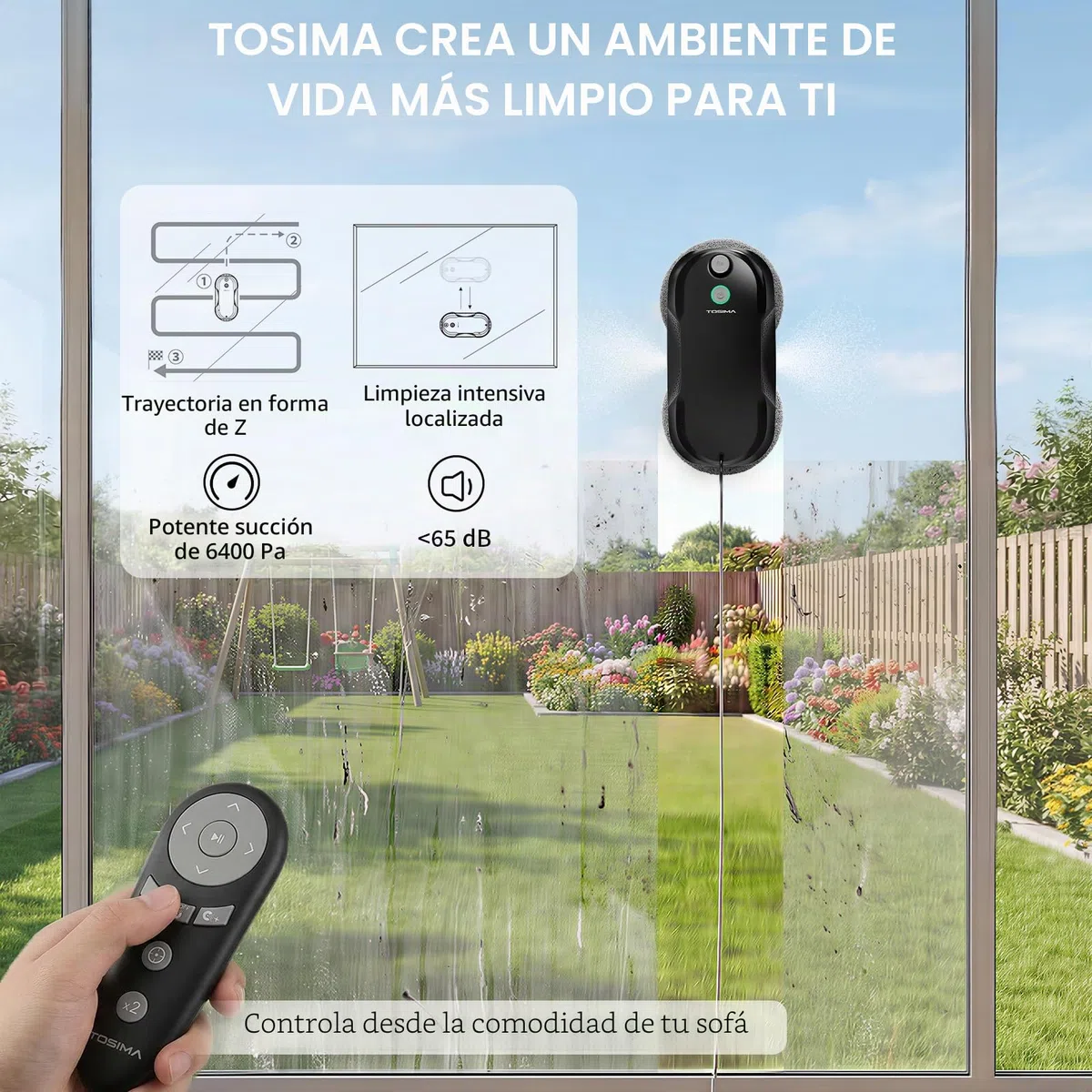 Tosima W5 6400 Pa Robot de Limpieza de Ventanas, pulverizador ultrasónico Doble, Limpiador de Cristales automático, Control Remoto, 20 paños de Microfibra