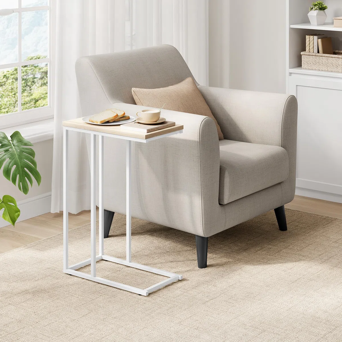 WOLTU Mesa Auxiliar Forma C, Mesita de Sofá, Mesita Auxiliar para Salon y Dormitorio, Mesa Pequeña con Estructura de Metal, Roble Claro+Negro, TSG17hei