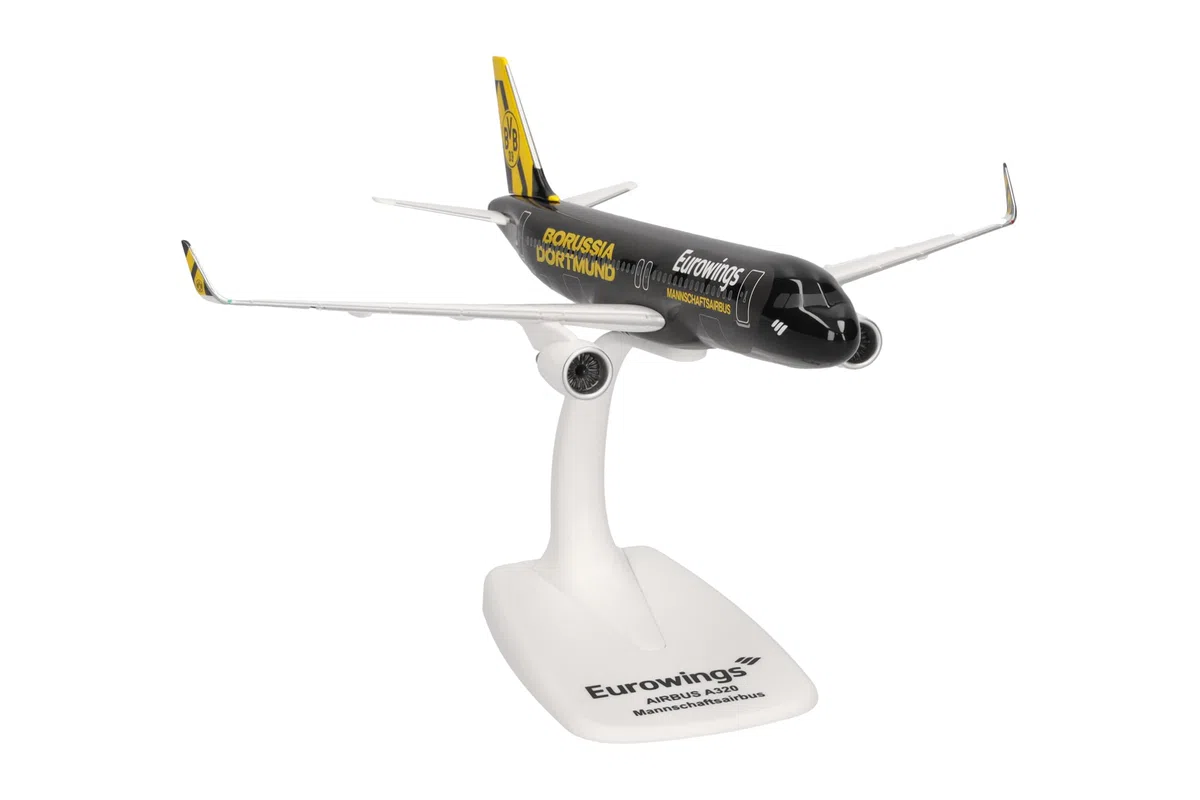 Herpa Miniatura del avión Eurowings Airbus A320 BVB Mannschaftsairbus (2025) - Snap-Fit, Escala 1/200, Modelo prefabricado, maqueta de colección, modelismo, avión con Soporte, Figura plástico