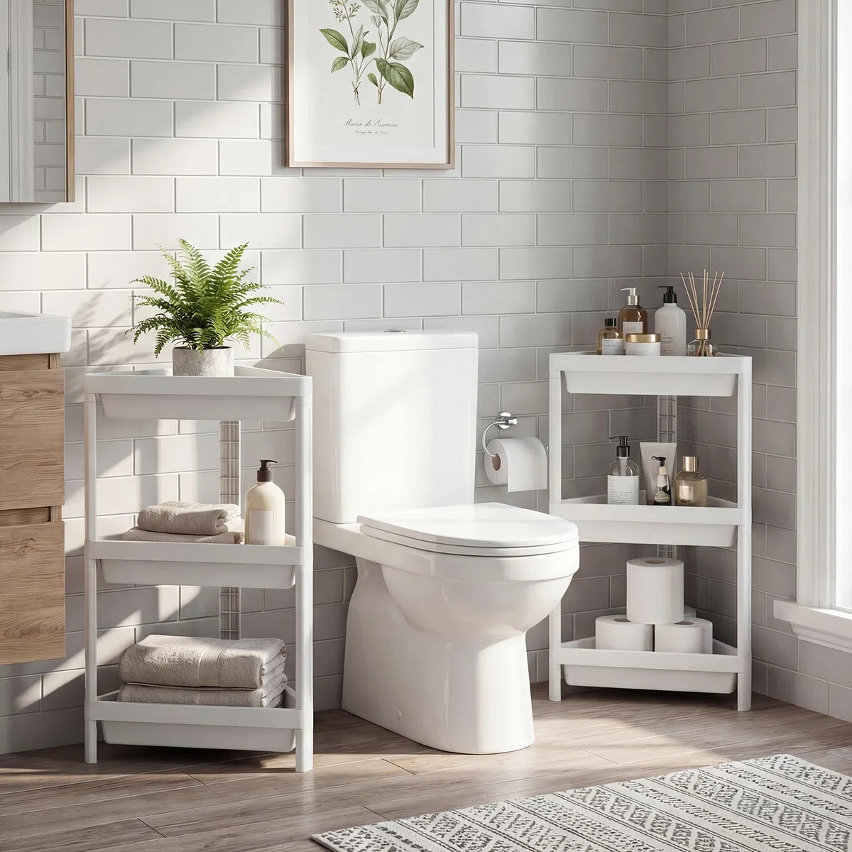 KOMFOTTEU Juego de 2 Estanterías Esquineros de 3 Niveles, Organizador de Baño de Plástico con Orificios de Drenaje, Estante de Ducha de Pie Independiente para Cocina, Sala de Estar (Blanco)
