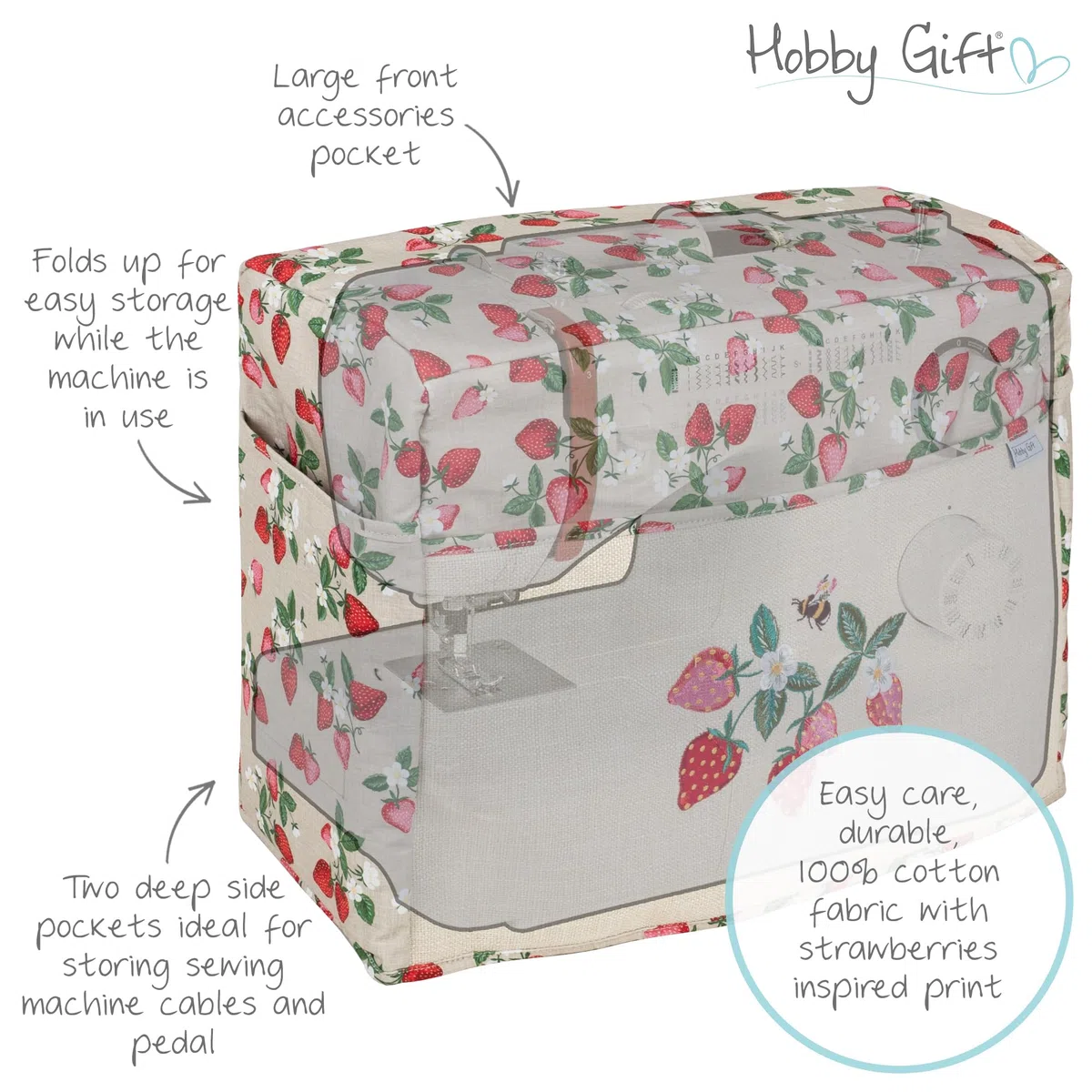 Hobby Gift Funda para Máquina de Coser con Bolsillos, Funda Protectora contra el Polvo con Compartimentos para Accesorios, Compatible con Máquinas Estándar, 33,5 x 44 x 21 cm, Fresas