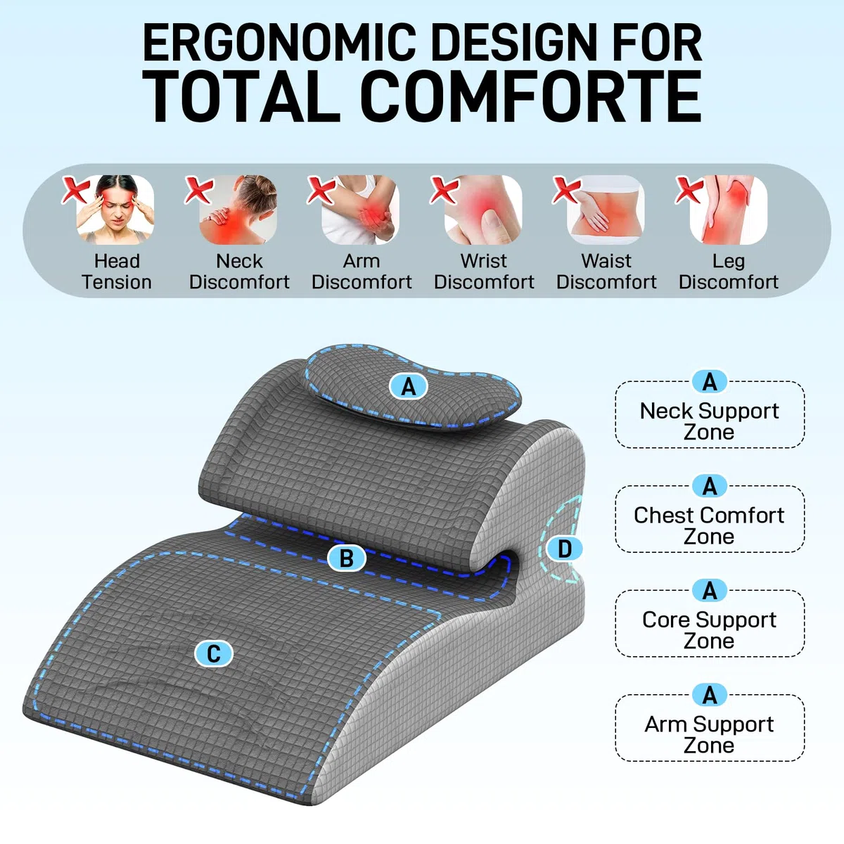 JAOGAUS Cojín en cuña de Espuma viscoelástica para Cama y sofá, cojín ergonómico con Soporte de Cabeza Desmontable, cojín Inclinado para Espalda, Cuello y piernas, Ideal para Leer y Relajarse