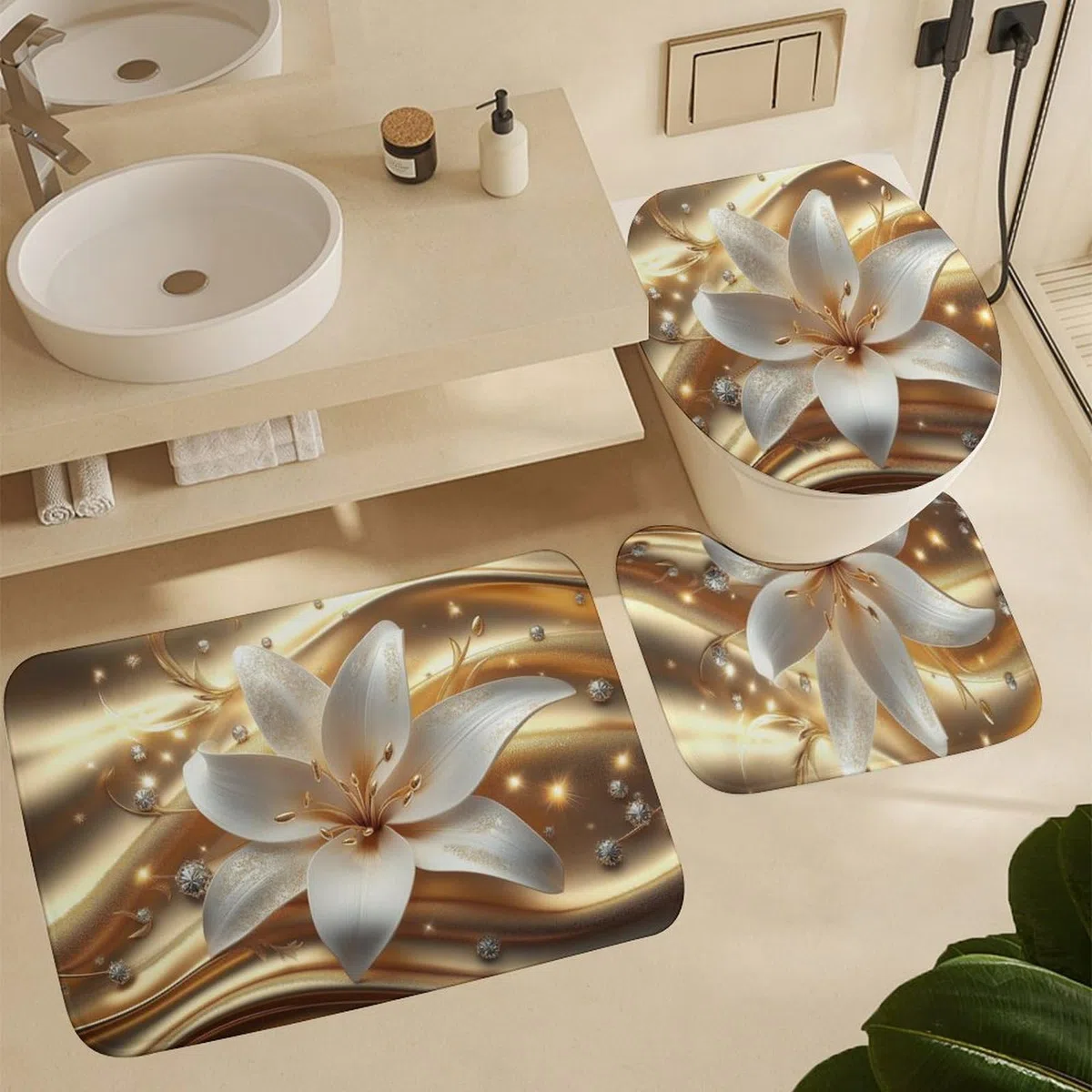 Juego de baño Blanco Flor De Lirio con Cortina de Ducha, alfombras Antideslizante y Accesorios, Juego de Cortinas de Ducha Dorado Ondulado Fondo, Cortinas de Ducha para baño 180cm X 180cm