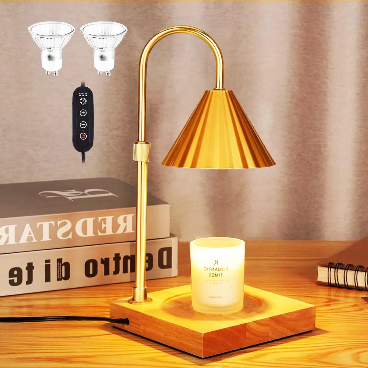 Lámpara calentadora de Velas Compatible con Velas de Tarro, lámpara eléctrica Vintage, lámpara de Vela Regulable para Cera perfumada, Base de mármol Blanco y Pantalla de Oro Rosa (Dorado)