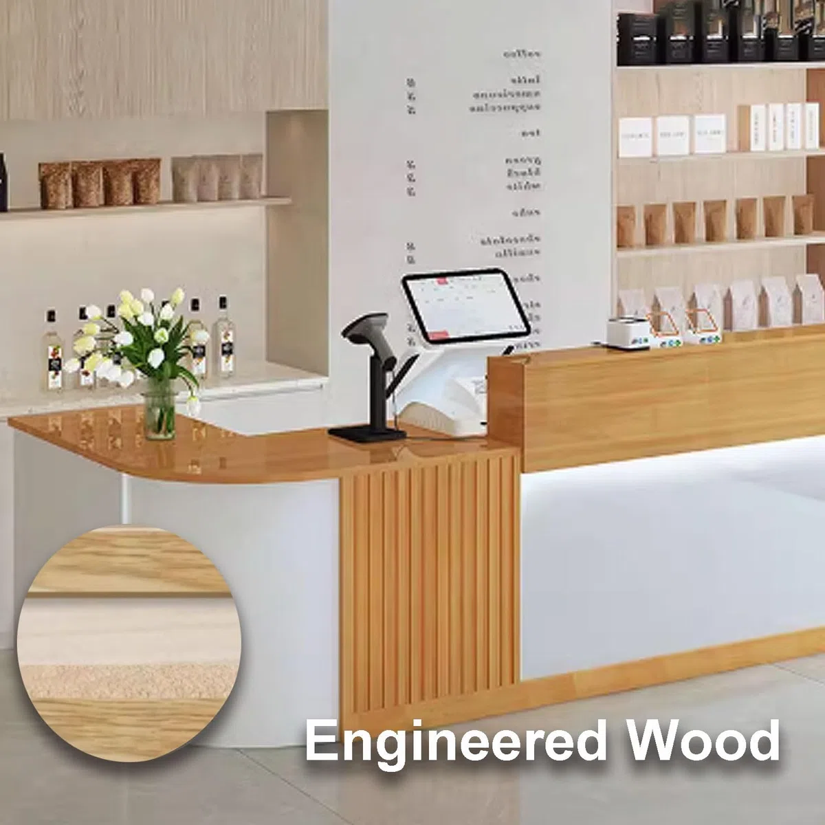 Escritorio moderno con cajones, vestíbulo y mesa de oficina en blanco y marrón, 140 cm, material de madera, diseño contemporáneo para uso empresarial