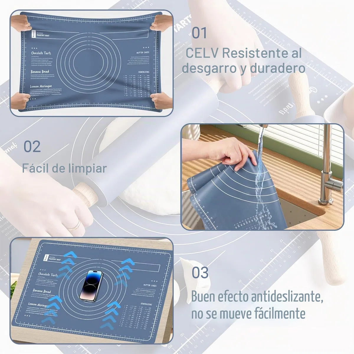 Juego de 4 Alfombrillas de Rodillo Y Silicona, Rodillo Amasar de Superficie Antiadherente con Azul Tapete para Hornear, Rodillo de Silicona con Mango de Madera para Pasta Pizza Torta