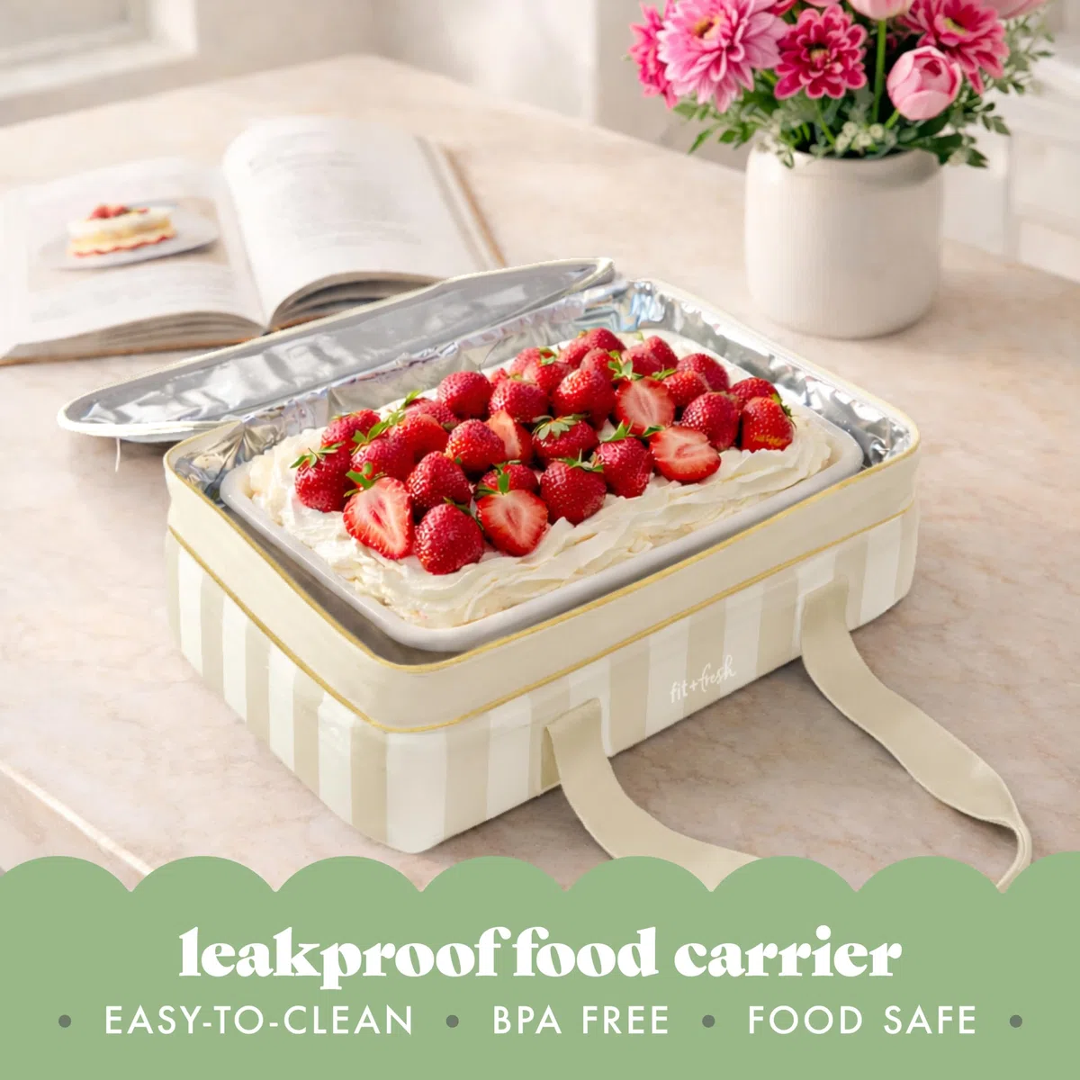Fit & Fresh Cazuela aislada, transportador de alimentos de dos pisos para dos platos de 9 x 13 pulgadas, bolsa expandible de transporte de alimentos fríos y calientes con bolsillo con cremallera para