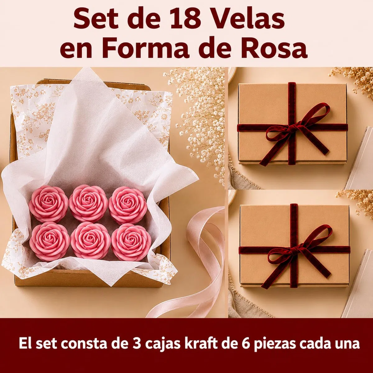 Velas en Forma de Rosa, Set de 18 Velas, Cera de Colza Natural, Regalo Romántico, Decoración de Hogar, Bodas y Eventos, Diseño Floral, Hecho en España (Rosas)
