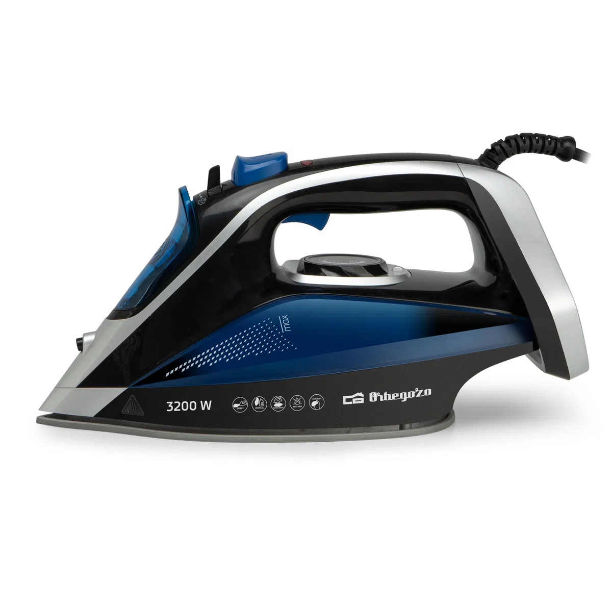 Orbegozo SV 3200 Plancha de Vapor 3200W, Vapor Continuo 45 g/min, Golpe de Vapor 220 g/min, Suela Cerámica con Punta de Precisión, Planchado Normal, Vertical y Seco, Sistema Anti Cal