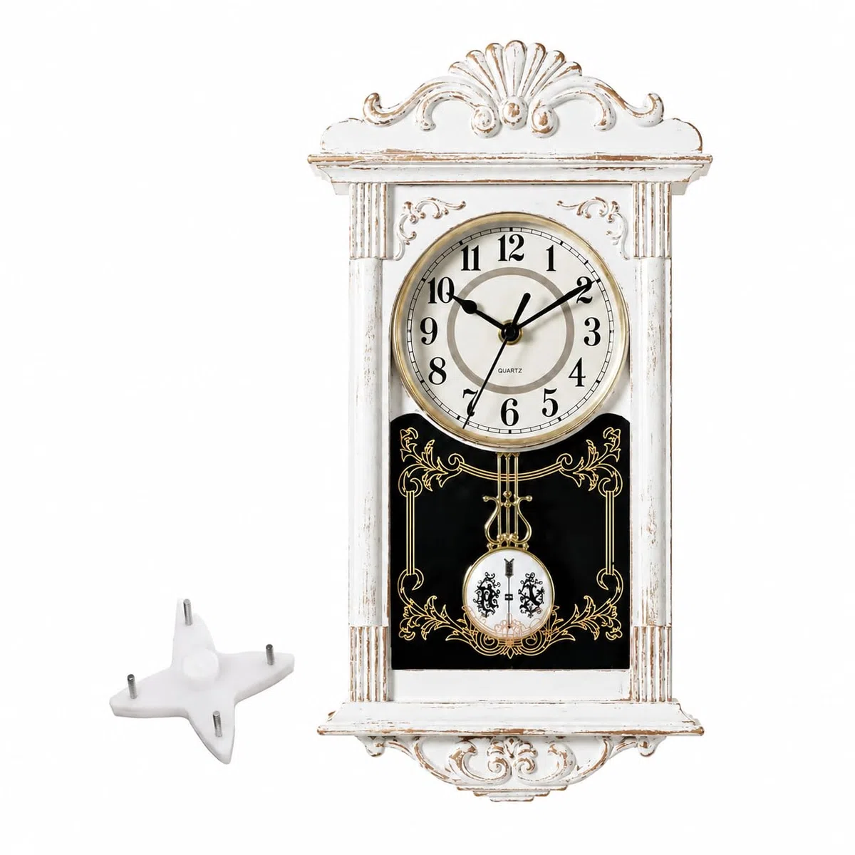 Clockswise Quickway Imports Reloj de Pared con péndulo de plástico con Aspecto de Madera para el Abuelo Vintage, para Sala de Estar, Cocina o Comedor, Color Blanco