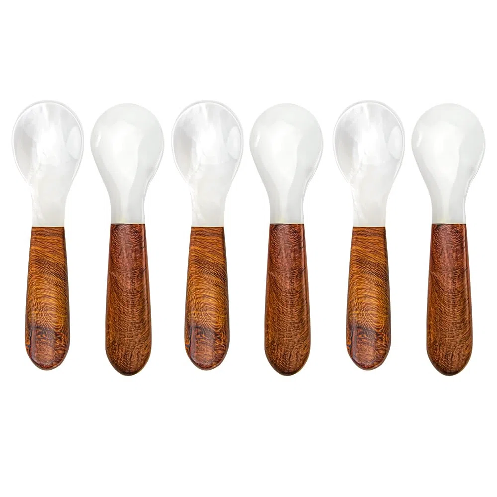 DUEBEL Juego de 6 cucharas de caviar con mango de madera de 12 cm de nácar para servir caviar, servir huevos, catering deroration