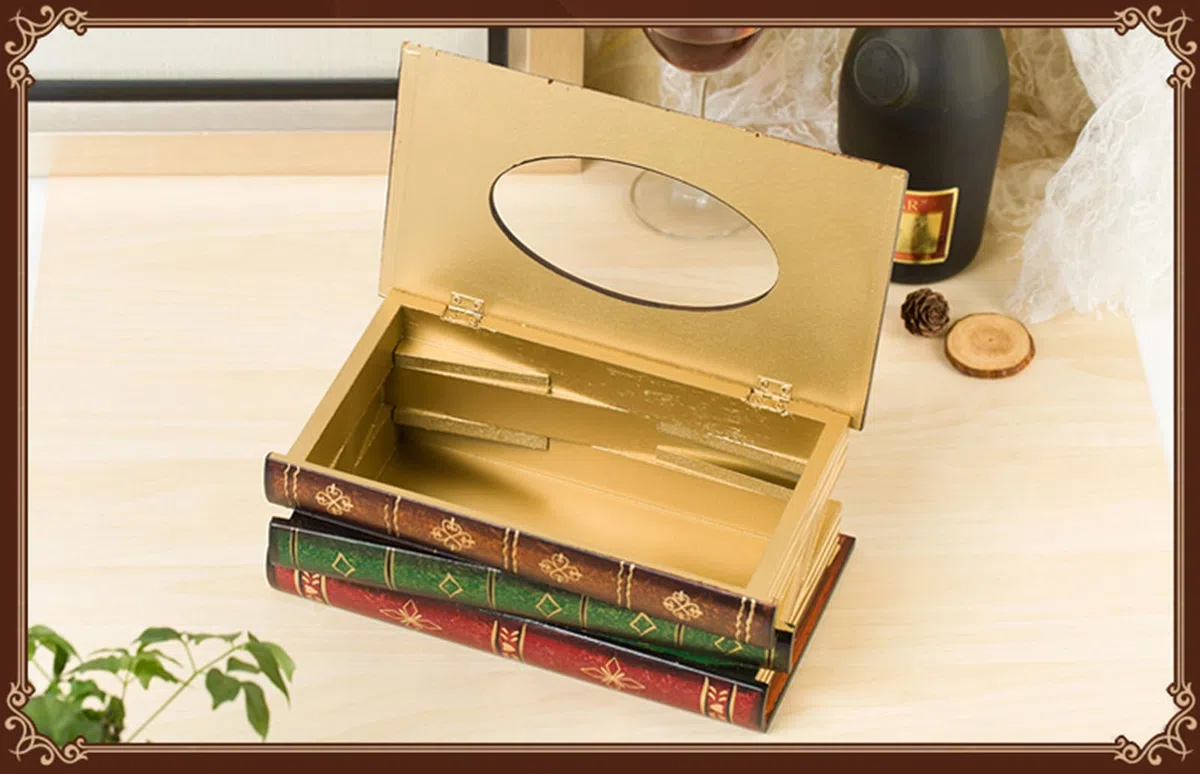 Tebery - Elegante dispensador de pañuelos de Madera Antigua para Libros, servilletero, Caja de pañuelos para casa, Oficina, Coche, 27 x 16,5 x 10 cm