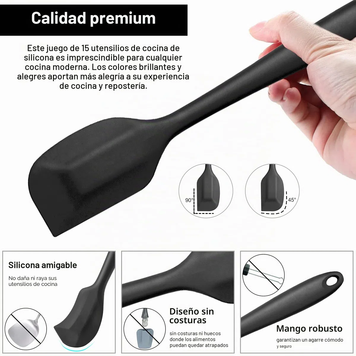 Joyfair - Juego de 15 utensilios de cocina de silicona resistente al calor con soporte para utensilios de cocina antiadherentes, apto para lavavajillas, color negro
