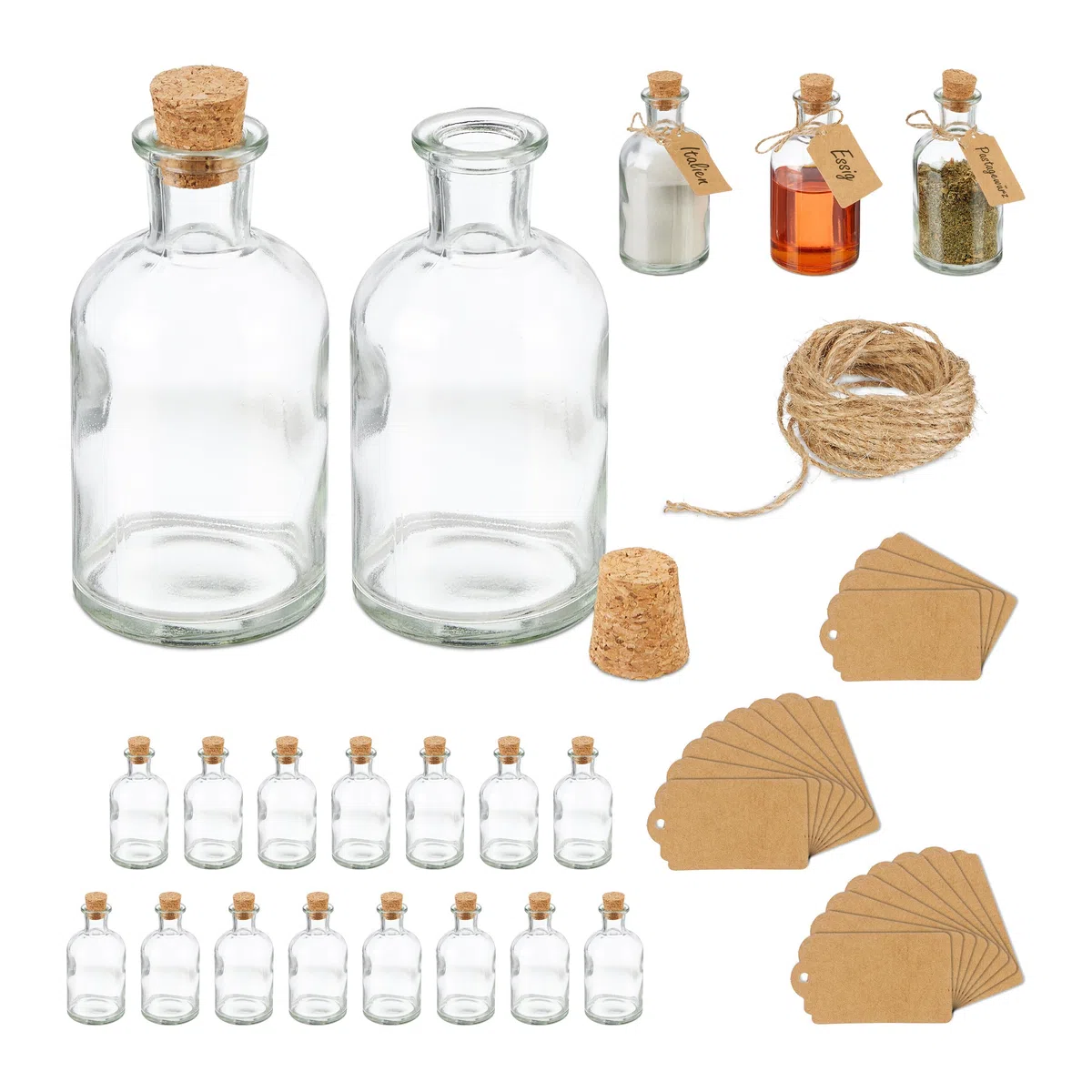 Relaxdays Set 20 Botellitas Cristal, Mini Botellas con Corcho, 125 ml, para Rellenar, Decorativas, Transparente/Natural