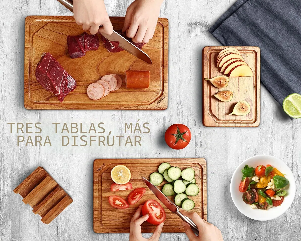hecef Juego de tablas de cortar de madera con soporte, reversibles para cortar y servir, con ranuras antigoteo y asas integradas, set de 3 para carne, pescado, verduras, pan, embutidos y quesos