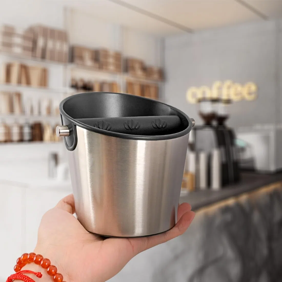 Caja de acero inoxidable para café expreso con barra de metal desmontable, tamaño pequeño, caja de café molido, accesorios de espresso, herramientas para cafetería en el hogar