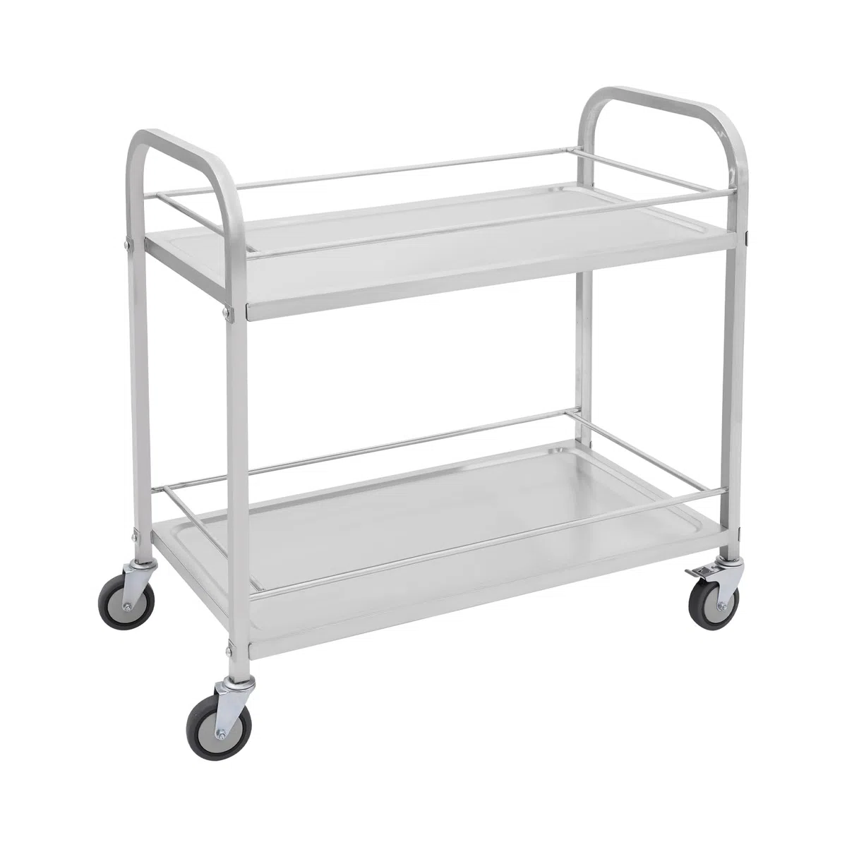 Carro de servicio de acero inoxidable con 2 estantes y estructura de tubo redondo, carro de servicio pesado con 4 ruedas, 2 frenos, capacidad de carga: 75 kg