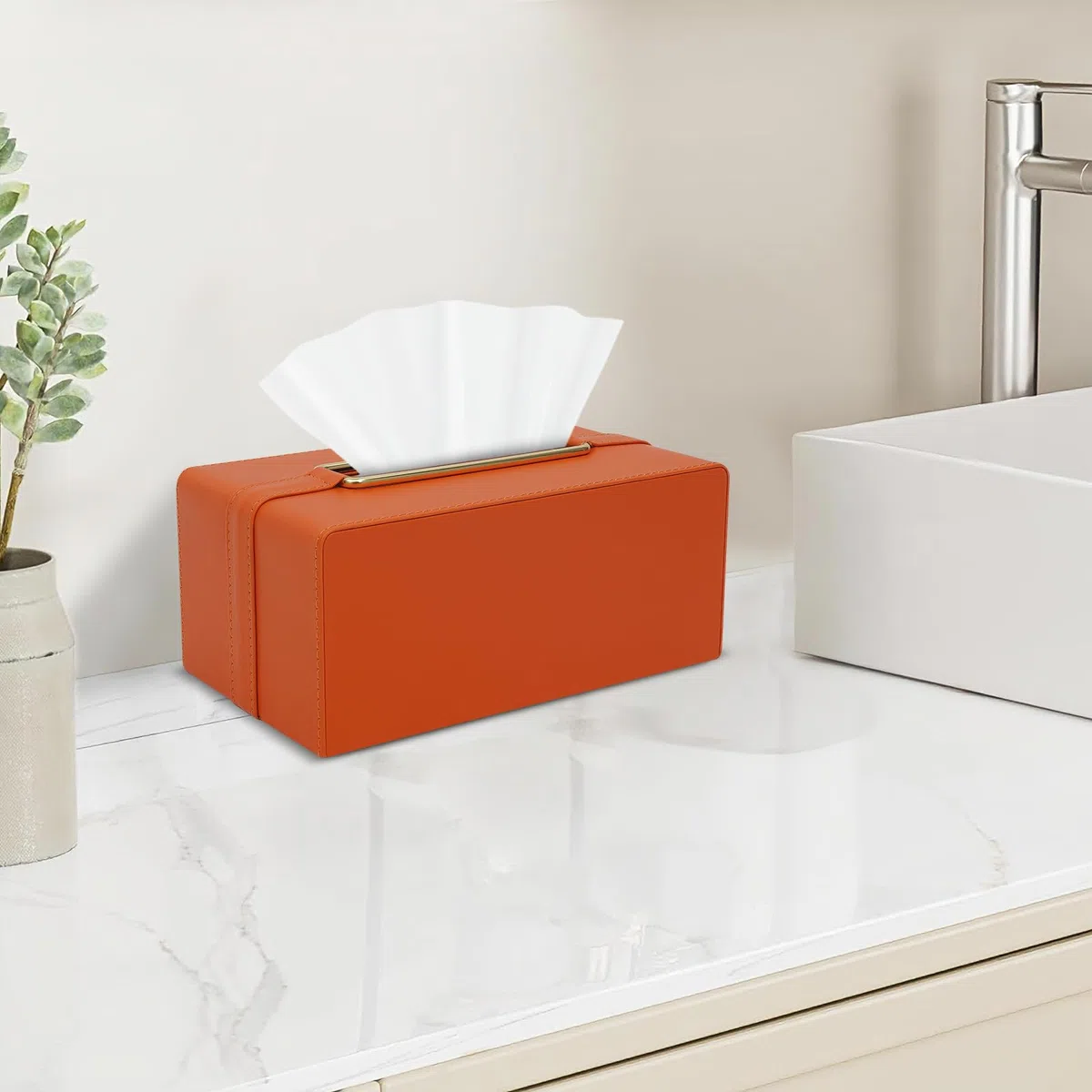 Caja para pañuelos con dispensador de pañuelos, caja rectangular de piel, diseño de cubierta inferior plegable, para dormitorio, salón y estudio, 21,9 x 12,95 x 9,9 cm (naranja)