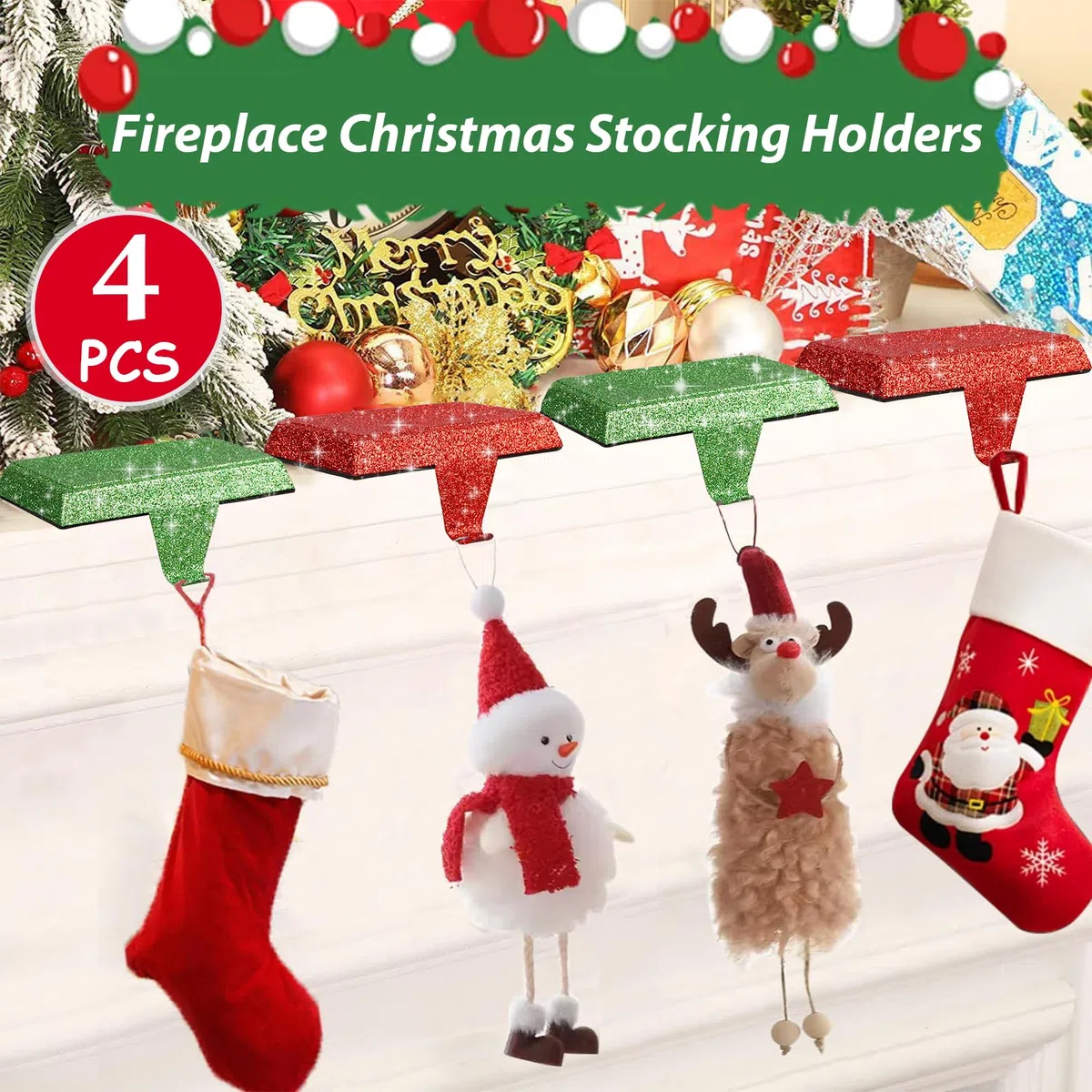 4 soportes de repisa de Navidad, ganchos de metal para chimenea, ganchos de adorno de Navidad para chimenea de 5 x 2.5 x 0.7 pulgadas para decoración de fiestas de Navidad (4 piezas)