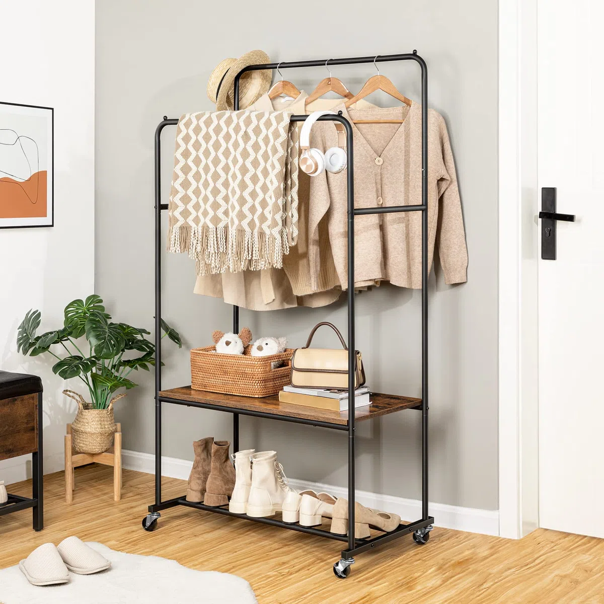 HOOBRO Perchero Burro Doble, Burro Ropa con Ruedas, Perchero Industrial con Estante, Perchero Burro Ropa Resistente, para el Dormitorio, Vestidor, Industrial, Marrón Rústico y Negro EBF22LY01