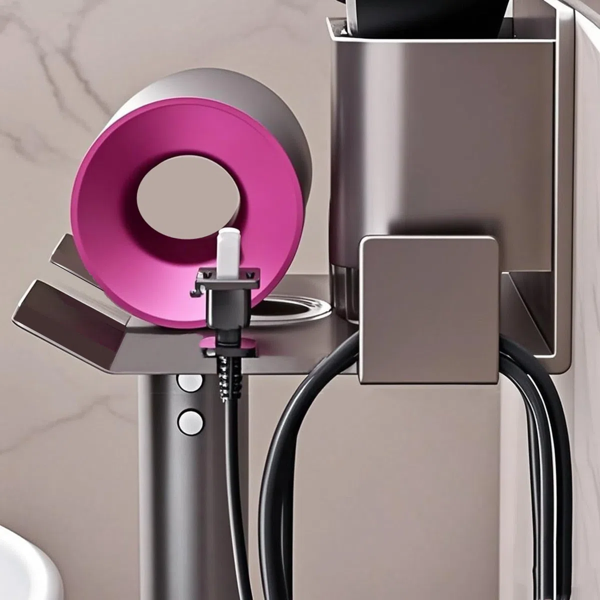 Soporte para secador de pelo, montaje en pared, soporte de almacenamiento de aluminio de alta calidad para secadores de pelo, herramientas de peinado y accesorios con gestión de cables, apto