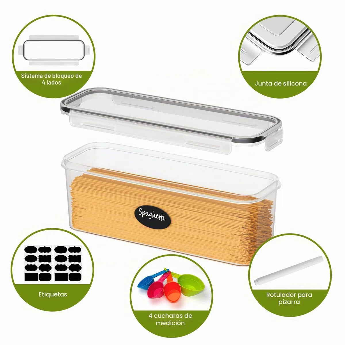 Withosent Juego de 6 recipientes herméticos para cocina, con tapa de plástico, 2,3 L, para almacenar pastas, pasta, para pastas, cereales (2,3 L, 1,6 L)