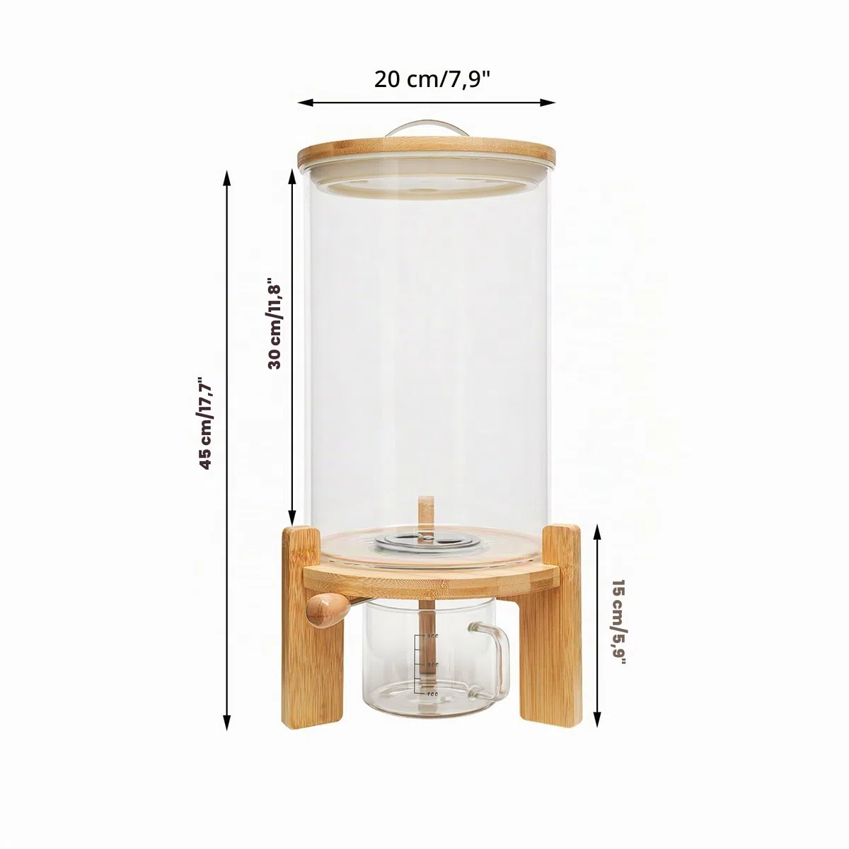 Dispensador de arroz, dispensador de cereales, tarros de cristal con tapa, dispensador de alimentos con vaso medidor de cristal para judías, arroz, cereales, a prueba de humedad y polvo (tamaño: