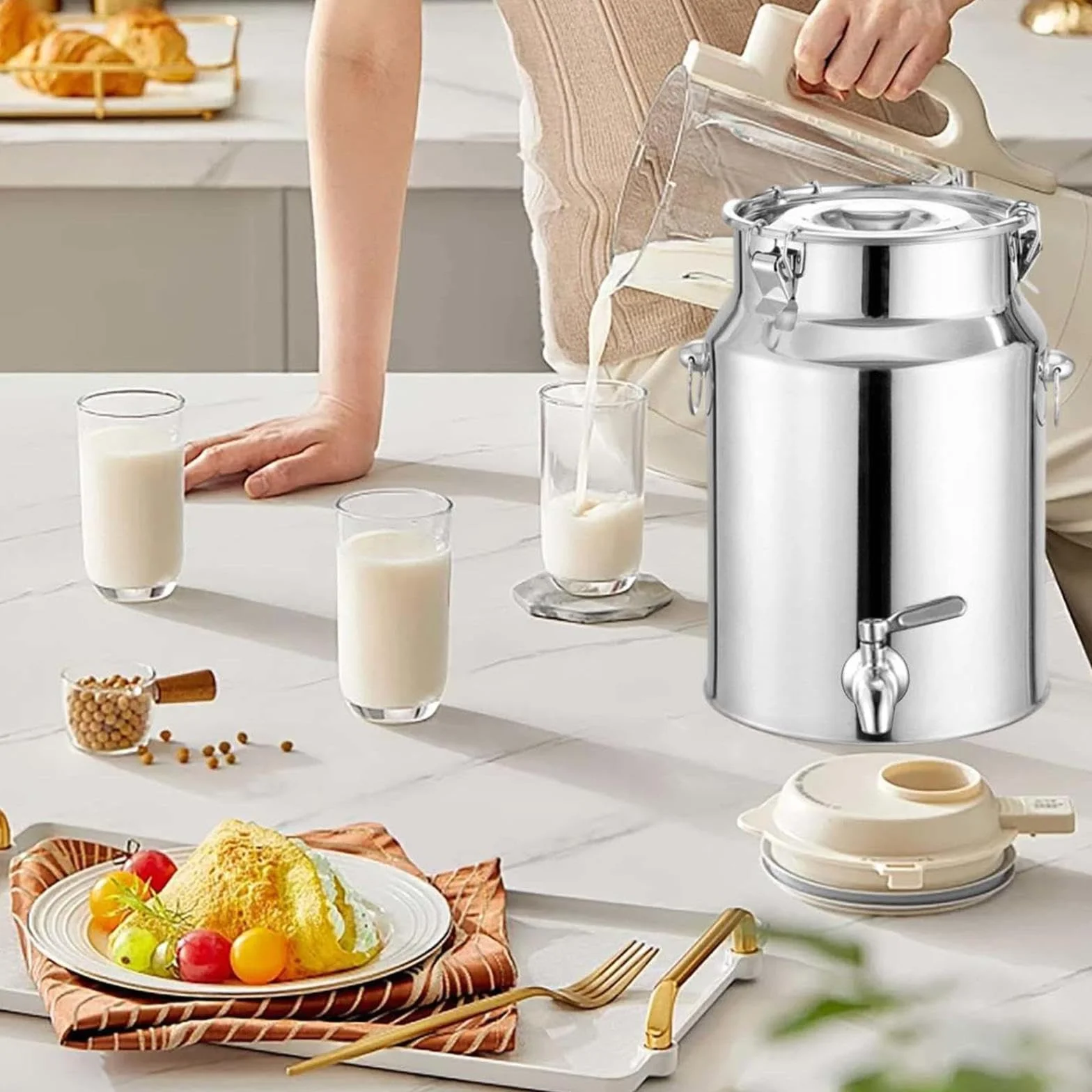 Lata de transporte de leche de acero inoxidable de 76 L con grifo, cubeta de vino, jarra versátil para líquidos y sólidos, almacenamiento perfecto de cocina para leche y vino y bebidas