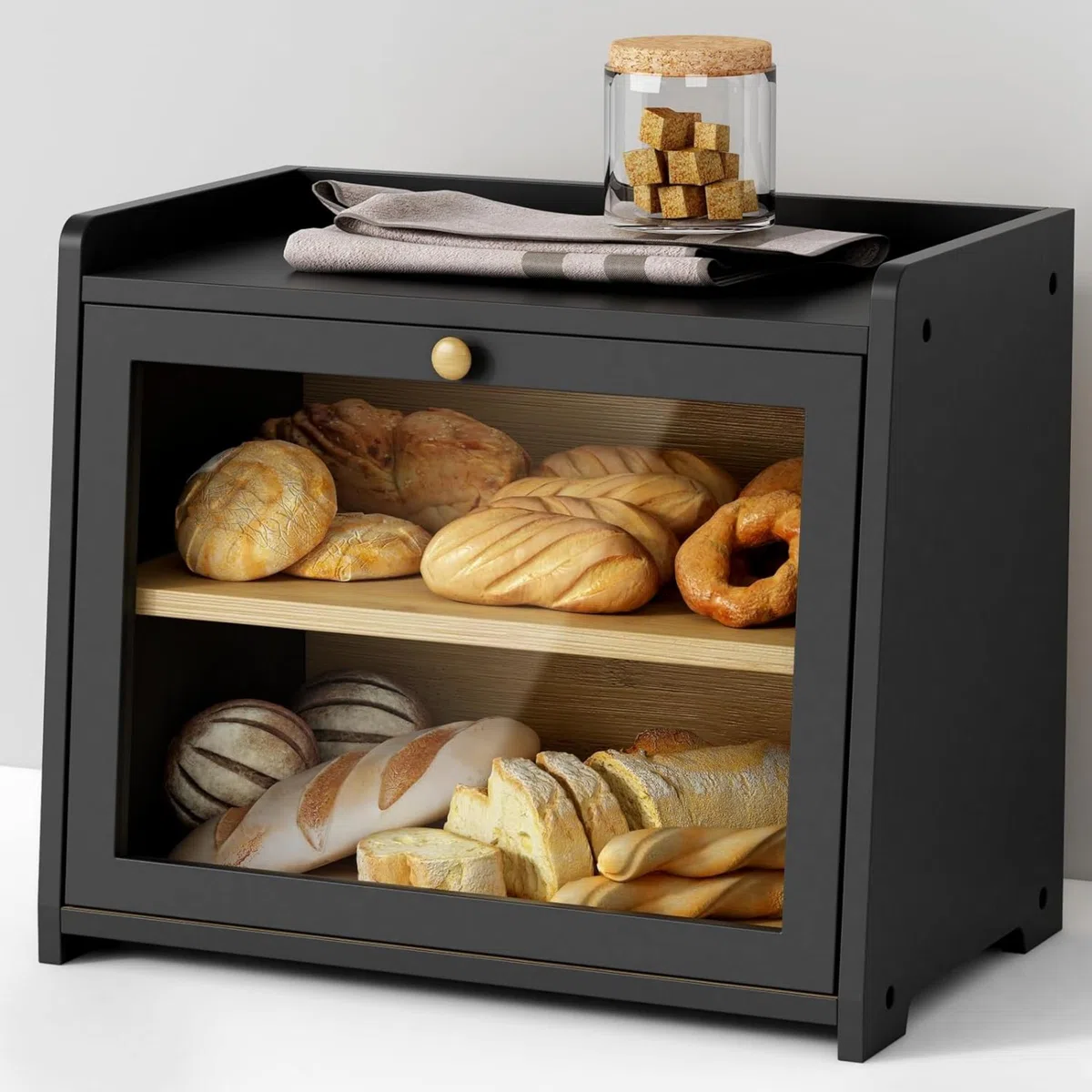 Cookery Panera de madera con 2 niveles para almacenamiento de pan de bambú, caja de pan grande, 2 pisos (negro)