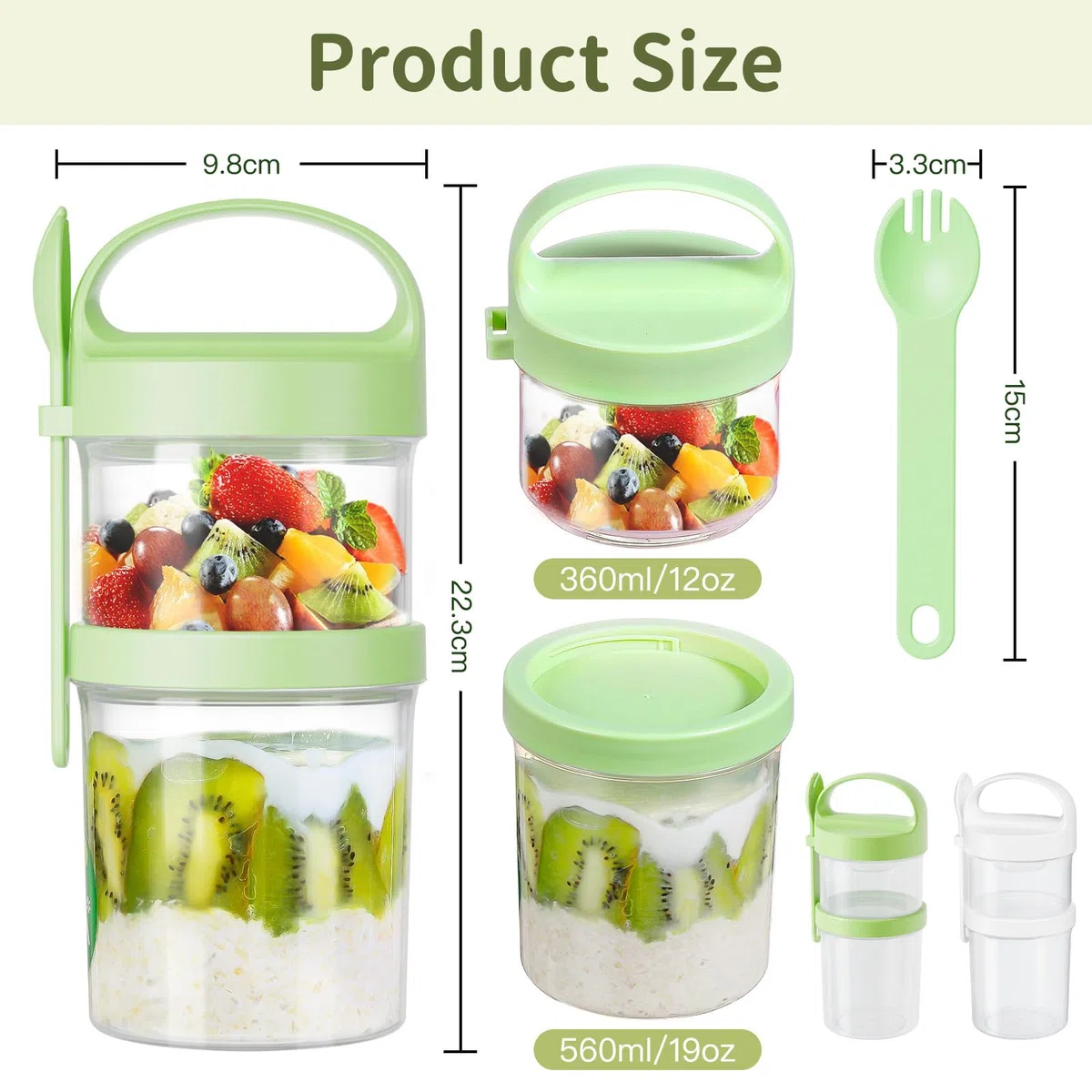 Luxear Juego de 2 Portátil Taza de Cereales y Yogur 560ml+360ml, Reutilizable Taza para Cereales para Llevar con Tapa y Cuchara, Libre de BPA, Ideal para Yogur, Frutos Secos y Avena, Blanco y Verde