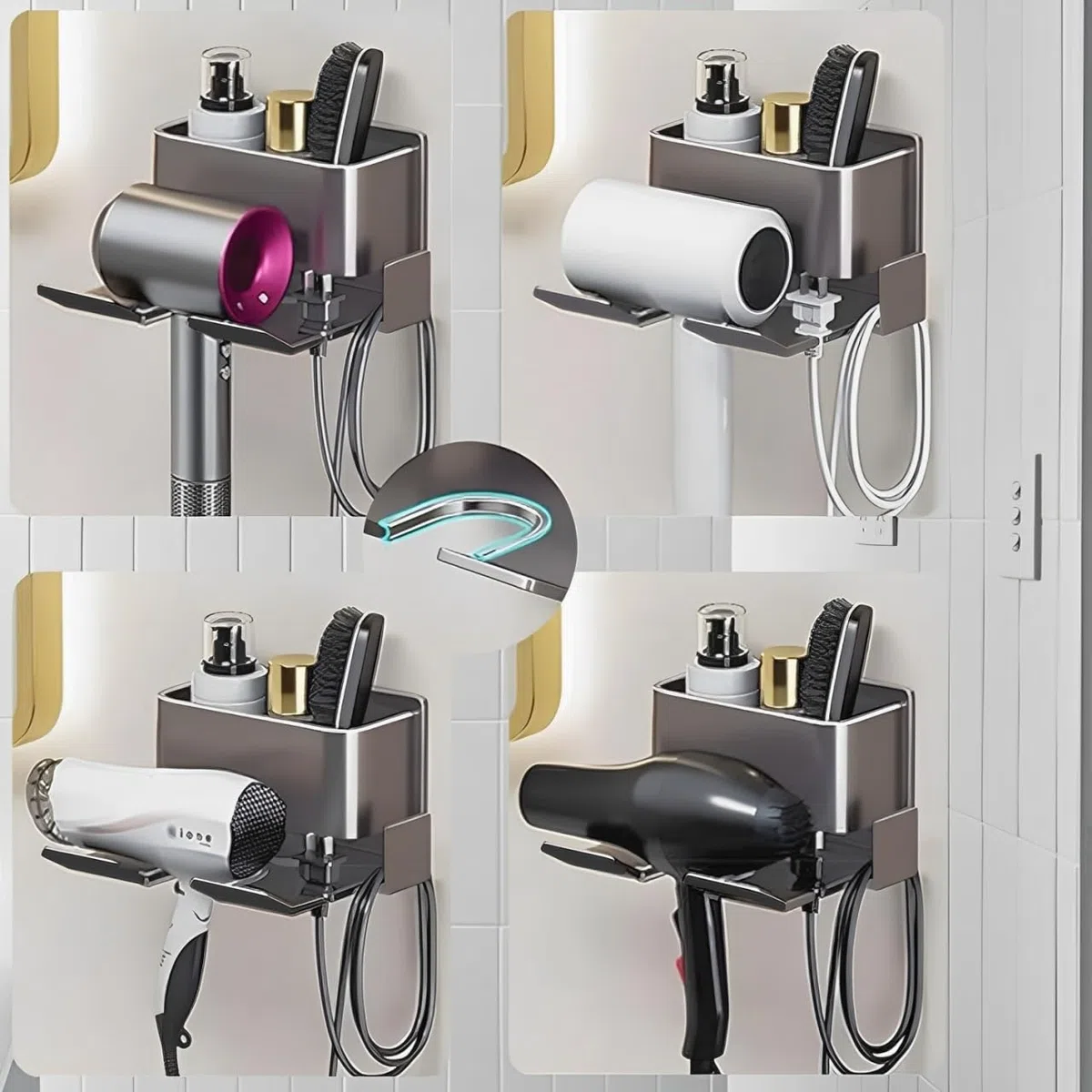 Soporte para secador de pelo, montaje en pared, soporte de almacenamiento de aluminio de alta calidad para secadores de pelo, herramientas de peinado y accesorios con gestión de cables, apto