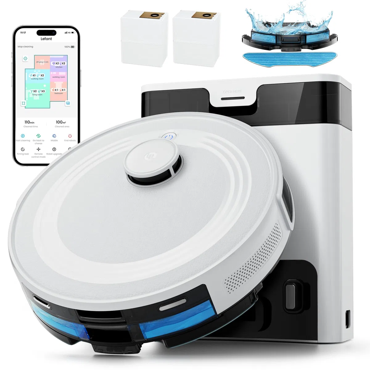 Lefant Robot Aspirador y Fregasuelos M2 Pro, 6000Pa Succión, 140min Autonomía, Autovaciado 60 Días, Navegación dToF, Obstáculos 190° PSD, Mapeo Multinivel, Mascotas