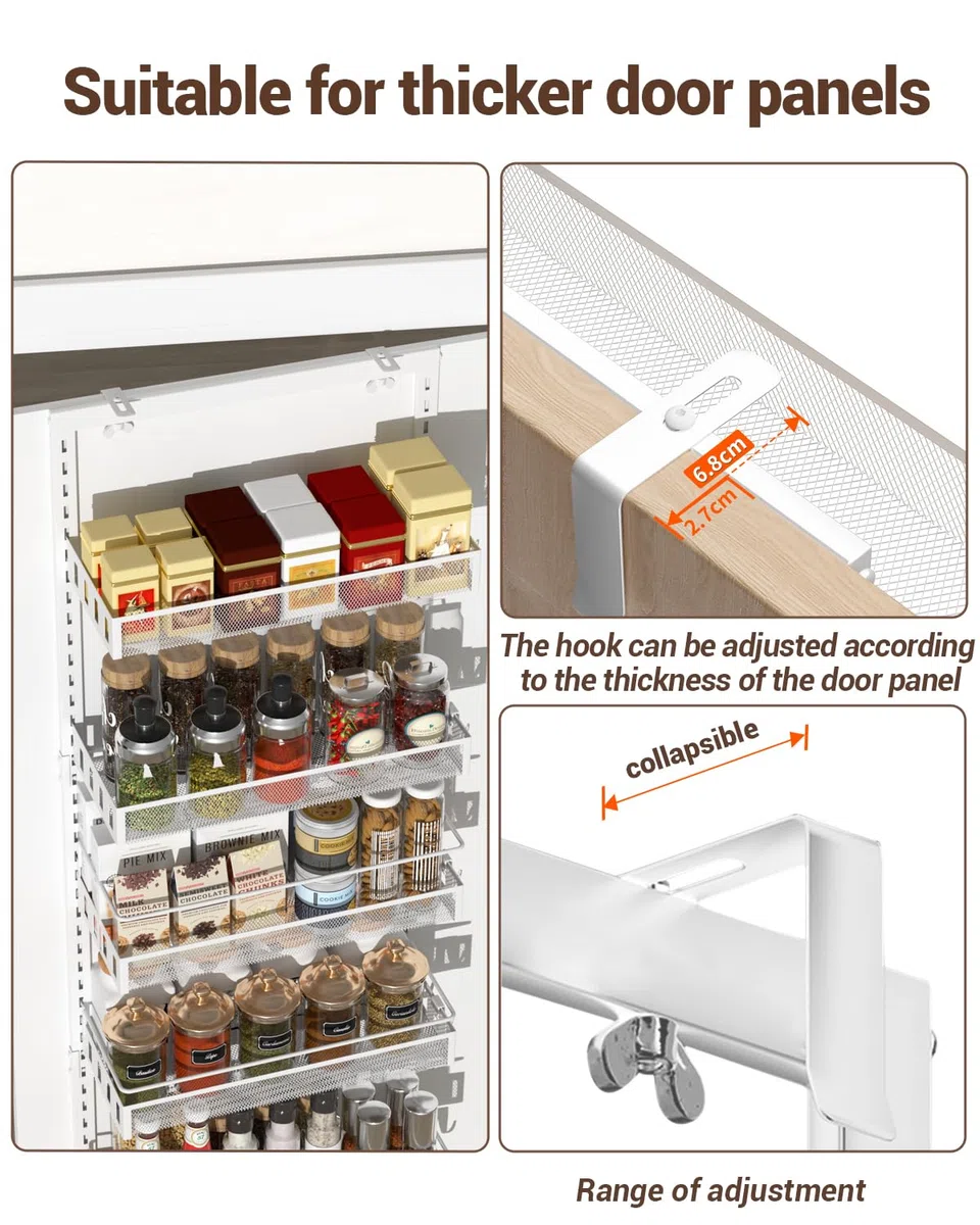 Almacenamiento Sobre la Puerta, Organizador de Despensa de Puerta Ajustable de 6 niveles con Gancho Para Cada, Estante de Especias de Metal Colgante en la Puerta Trasera para Cocina Baño, Blanco