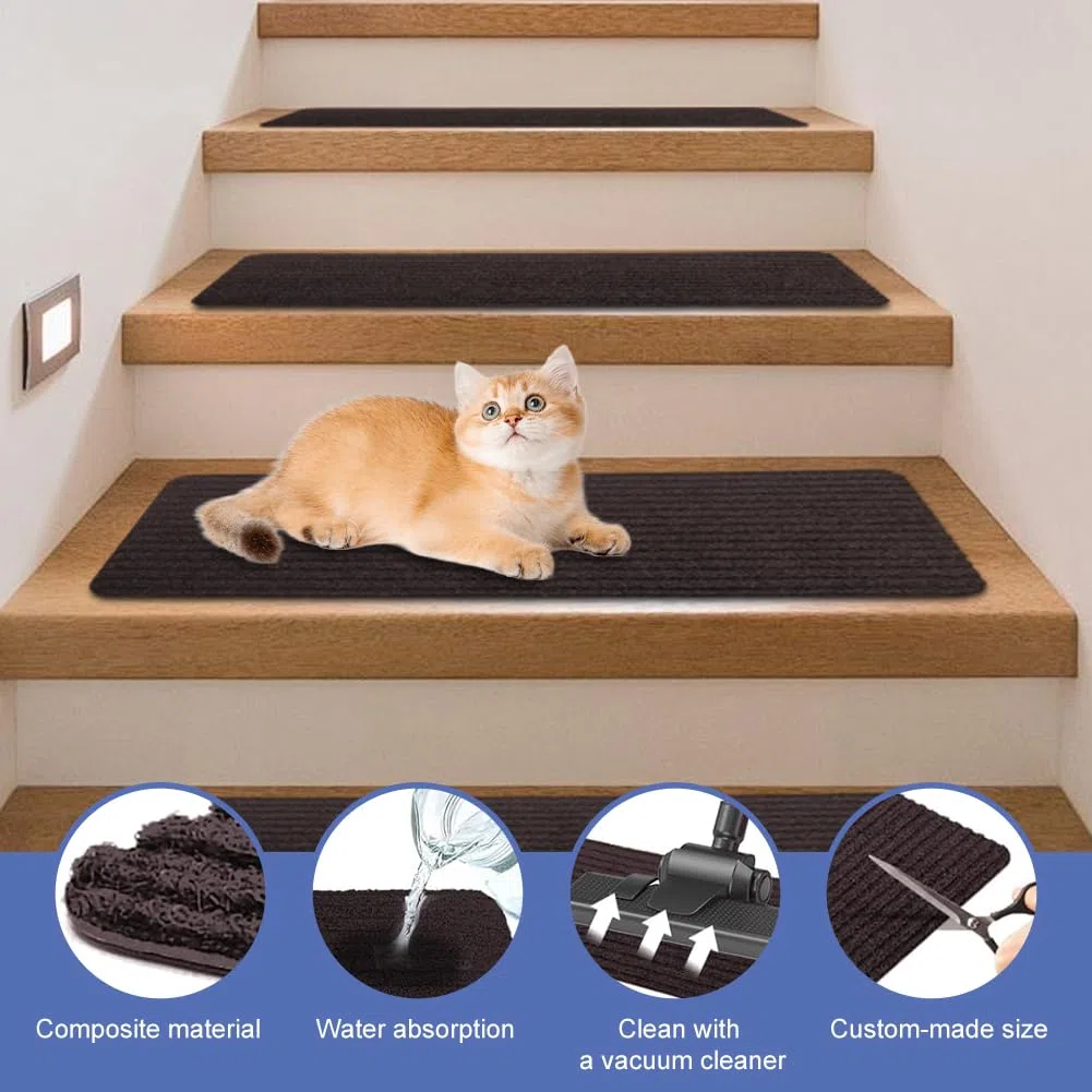 Alfombrillas autoadhesivas para peldaños antideslizantes, 15 unidades, suaves, se pueden cortar, reutilizables, agarre extra para mascotas, niños y personas mayores (marrón, 76 cm x 20 cm)