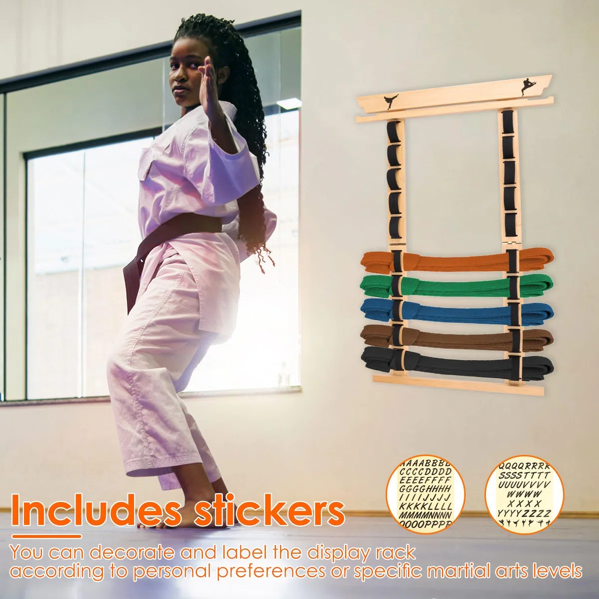 Soporte para cinturón Karate - 12 cinturones,Almacenamiento de cinturón de artes marciales de madera con colgador de medallas y pegatinas,Cinturón de artes marciales de madera,Equipo para