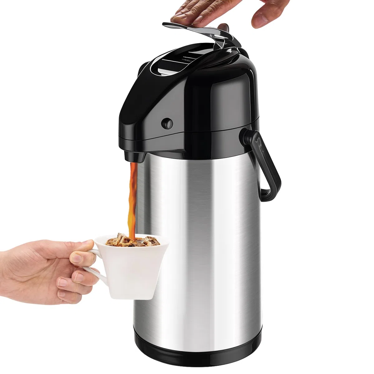 PARACITY Botella de agua de café Airpot mejorada con doble bomba de 84 onzas/2.5 L, dispensador de bebidas de acero inoxidable para bebidas calientes/frías, base Lazy Susan, termos para café para