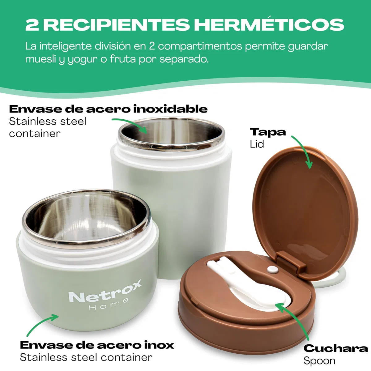NetroxHome - Taza Cereales con Cuchara para Llevar, Taza de Yogur de Acero Inoxidable a Prueba de Fugas, Fiambrera - para Yogur Comida - verde