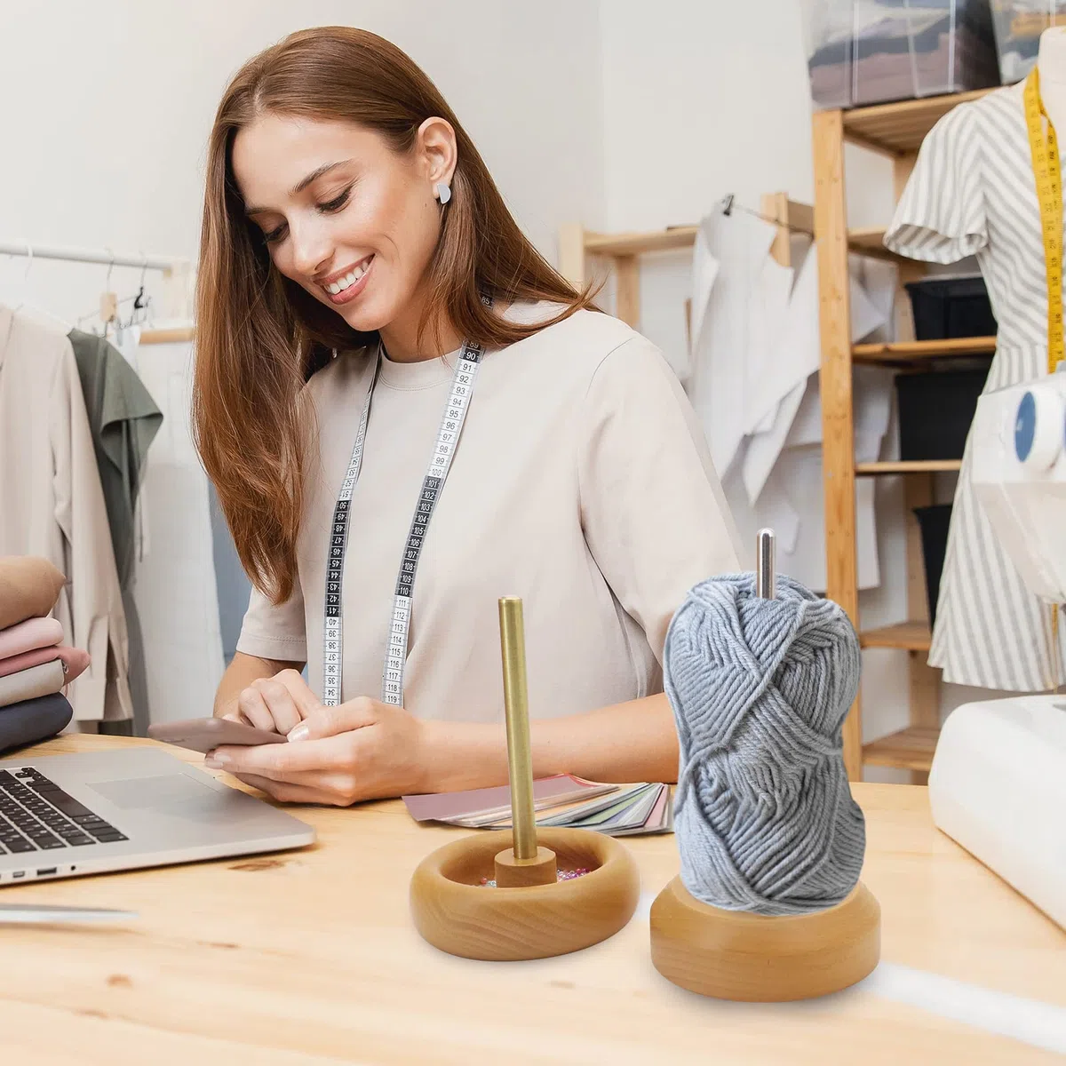 Seahelms Spinner de Cuentas de Madera 2 en 1 Con Bobinadora de Bobinas de Hilo, Hilandero para Hacer Joyas Con 2 Agujas y Herramienta de Roscado