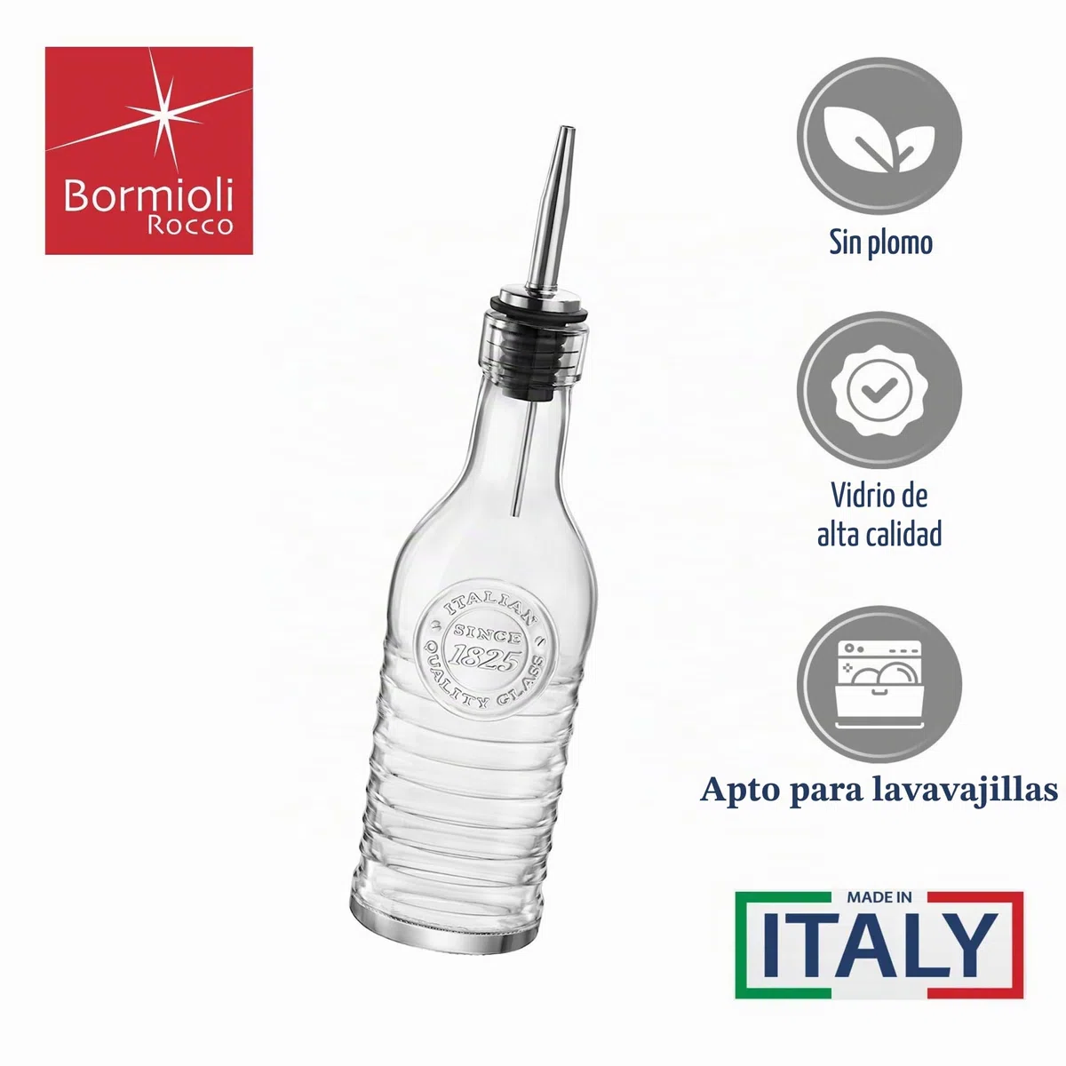 BORMIOLI ROCCO Botellas de cristal Officina 1825 – para aceite de oliva/vinagre – Boquilla vertedora de acero inoxidable – 268 ml – Lote de 2