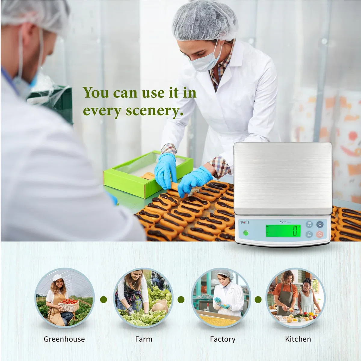 Polit KOIN - Báscula digital de cocina para alimentos, 40 lb/18 kg, precisión de 1 g, pantalla LCD, recargable, 5 unidades de peso (con adaptador de corriente)