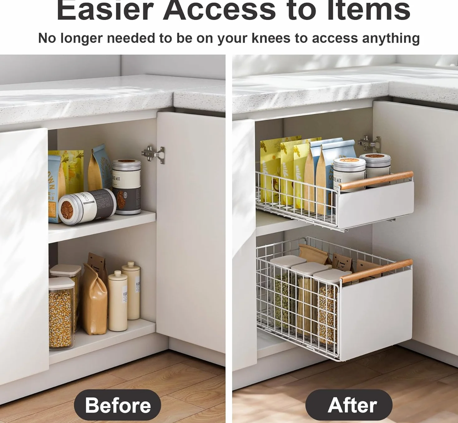 2 Piezas Cajones extraibles para Cocina, organizador de telescopio cajones más profundo con guías para cajones y manija de madera, cajón extraíble de metal Cocina - 40 L x 24 W x 19,5 H CM