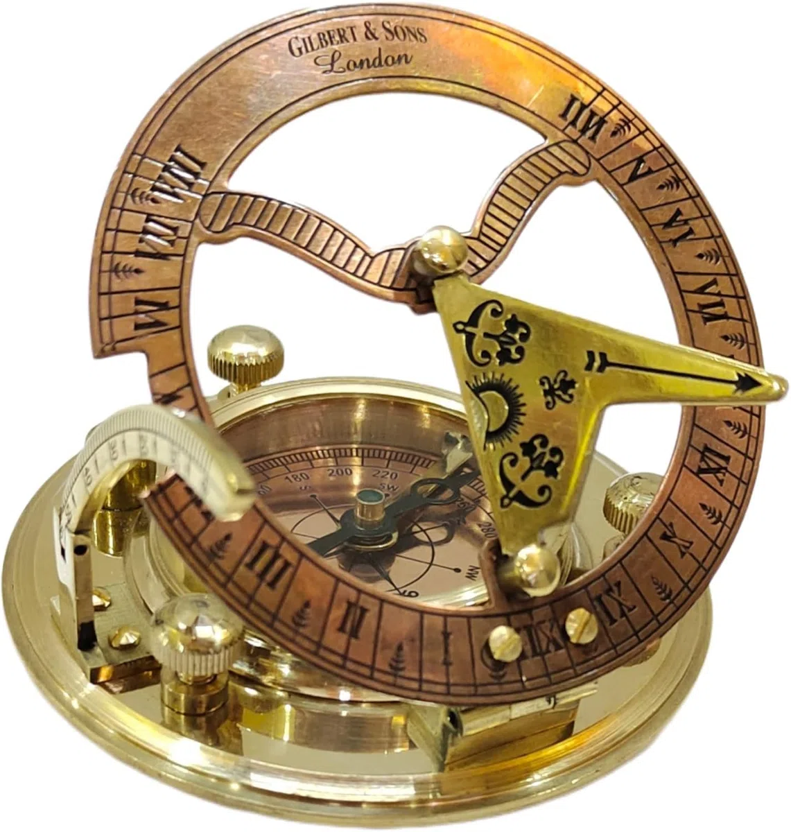 Reloj de sol de latón hecho a mano con instrumento de navegación vintage, brújula en regalo