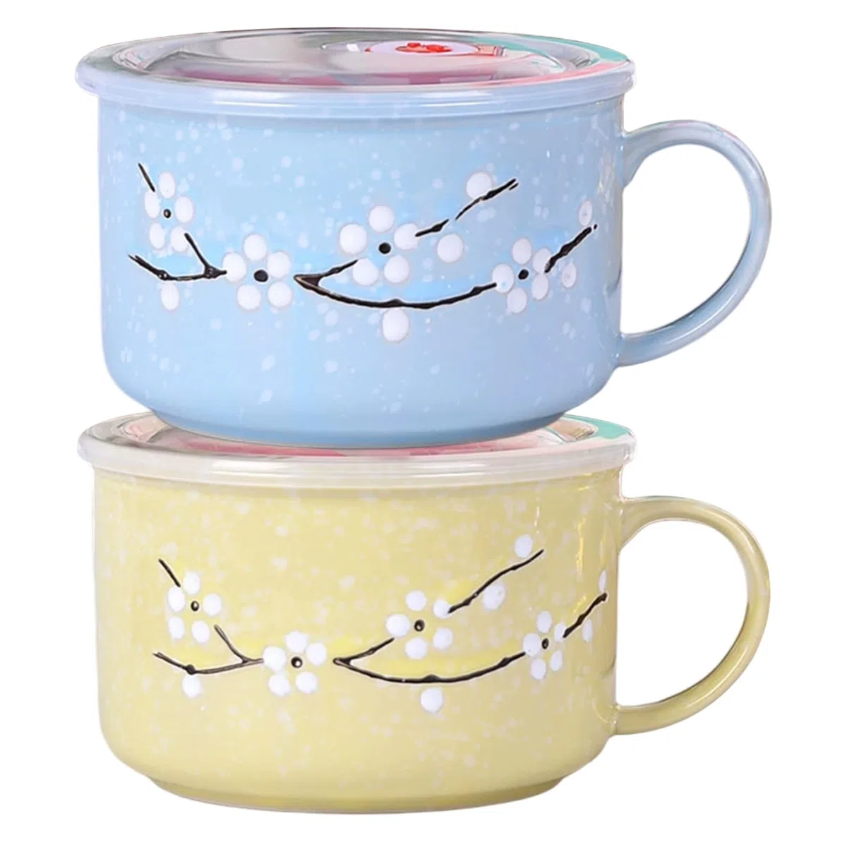 2 tazones de sopa con asas, taza de sopa de microondas resistente al calor con sellado de 800 ml / 28 oz con tapa Taza de viaje de cerámica floral invernal para ramen, fideos, gachas - Tazón de cer