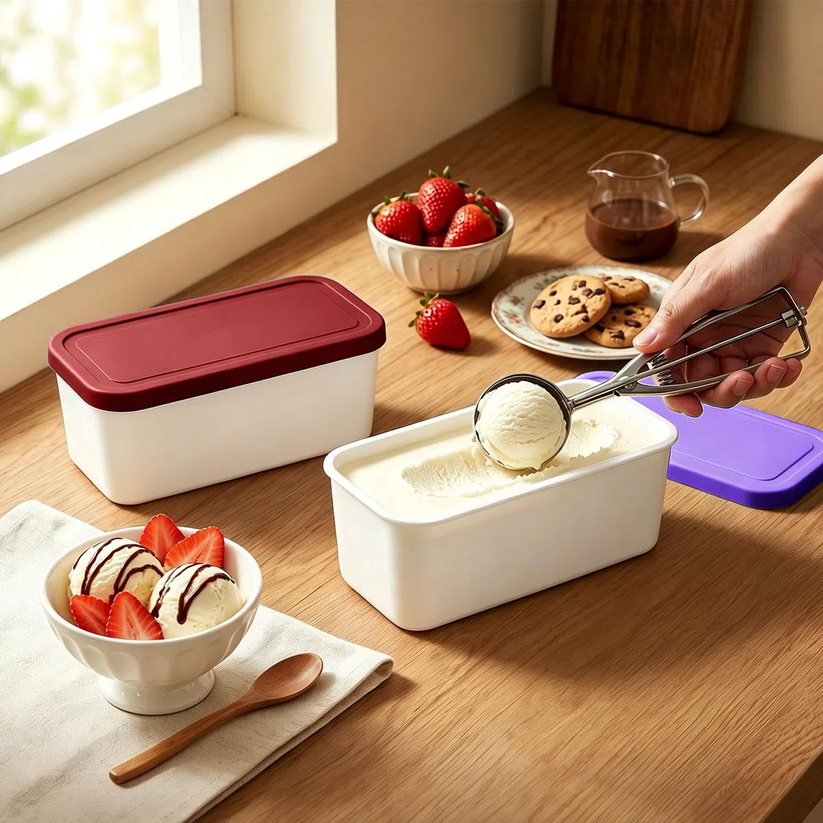 Juego de 2 recipientes para helados de 1 litro, recipientes para helados, recipientes para helados caseros, recipientes con tapa, apilables, recipientes de almacenamiento para máquina de helados