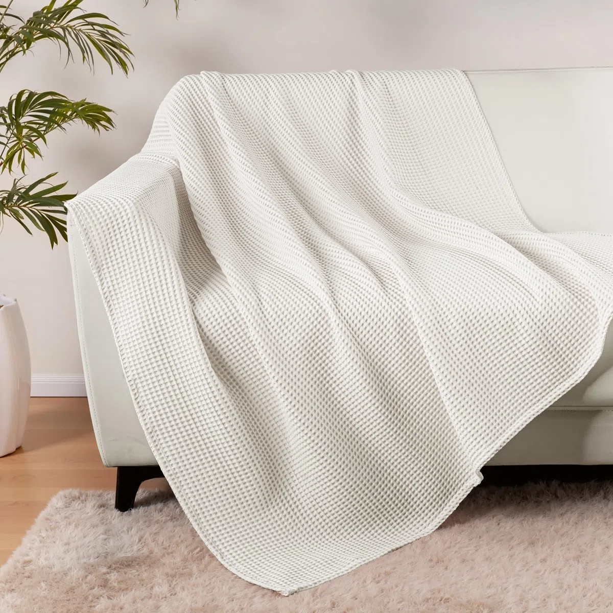 Exclusivo Mezcla Manta de 100% Algodón Gofrado, Ligera, Suave y Cómoda para Cama, Sofá y Oficina, Todas Las Estaciones, 130 x 170 cm, Blanco