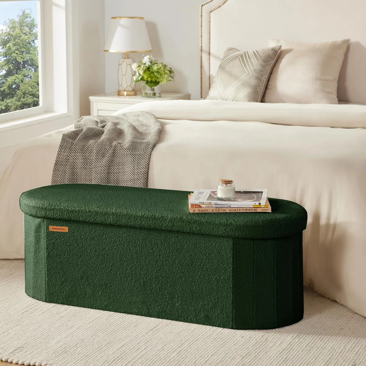 HAUSFRAU Taburete con espacio de almacenamiento, banco plegable, caja de almacenamiento, soporta hasta 300 kg, reposapiés para salón, dormitorio, pasillo, 110 x 38 x 38 cm, forro polar verde